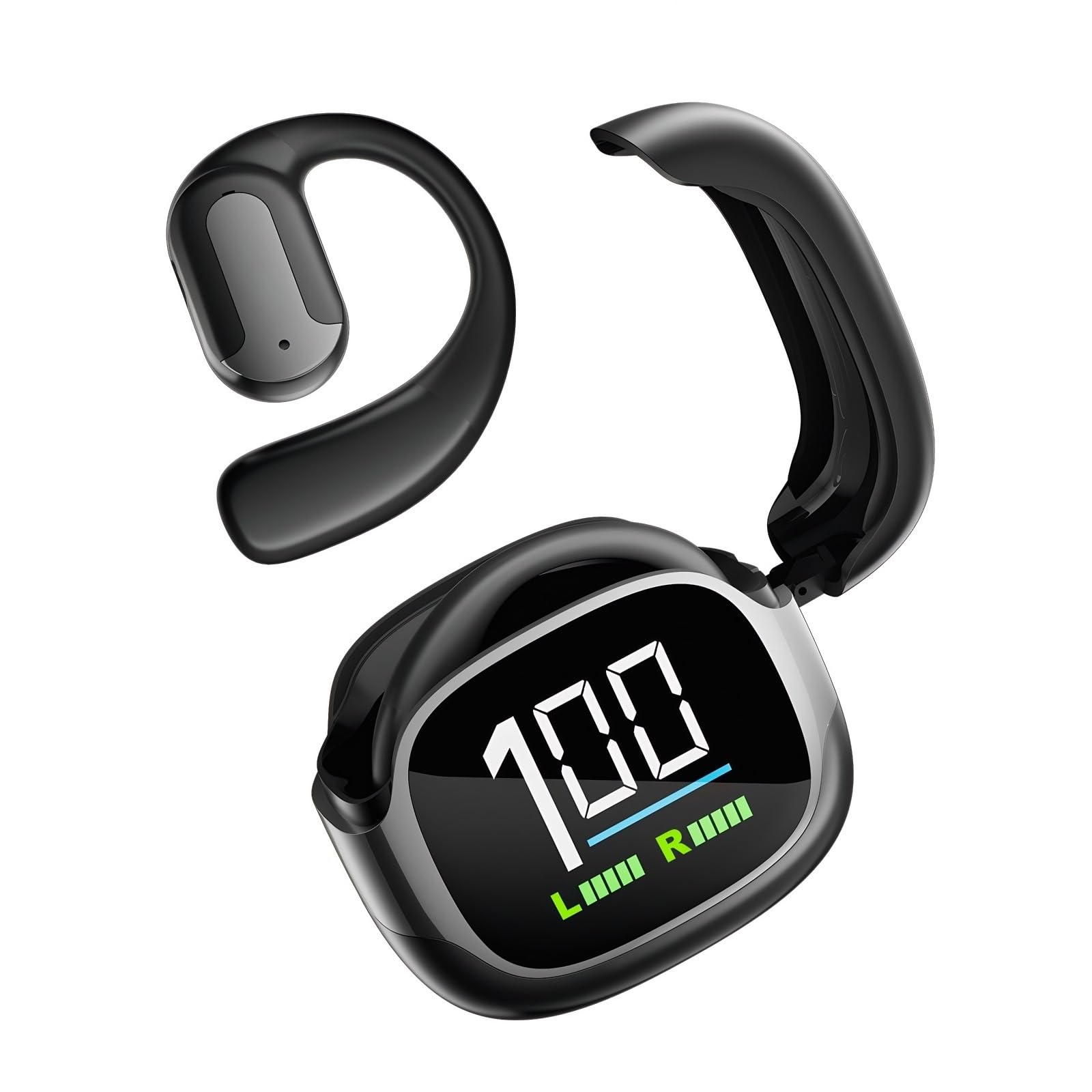 MS220 Open-Ear Bluetooth Kopfhörer mit Ohrbügel und ANC, 30 Std. Akkulaufzeit, LED-Farbdisplay, HiFi Stereo Sound, IPX5, leichte Sport Kopfhörer für Laufen, Training und Pendeln (Schwarz)