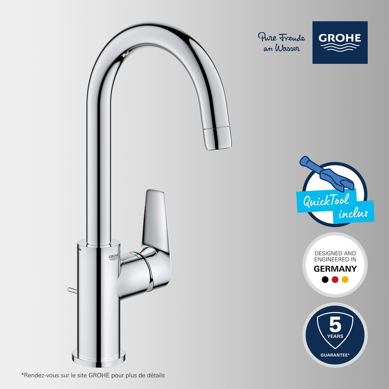 GROHE Robinet lavabo de salle de bains Start Edge, mitigeur monocommande avec tirette de vidage, mousseur économique d'eau, chromé, 24201001 (Import Allemagne)