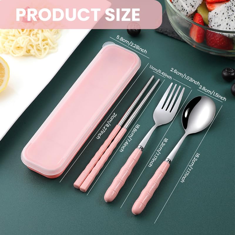 Image of ZIBUYU 3Pcs Chopsticks Spoon and Fork Set with Case Pink Portable Cutlery