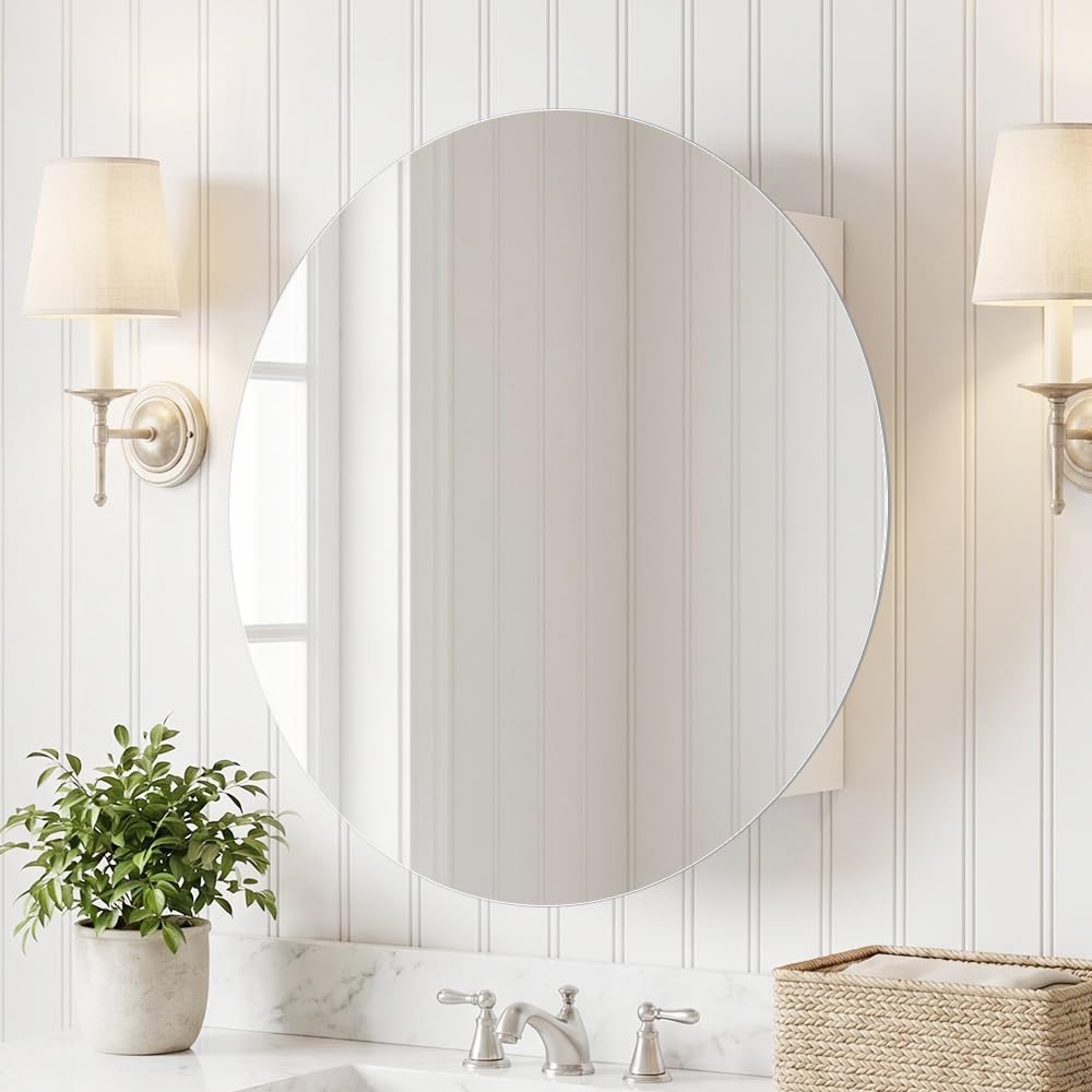 KAASUNES Round Mirror Medicine Cabinet, Frameless Wall Mounted Bathroom Cabinet with 4mm Copper-Free Mirror, Strong Load-Bearing Fixed Shelf, Modern Storage Organizer,White,50x50cm