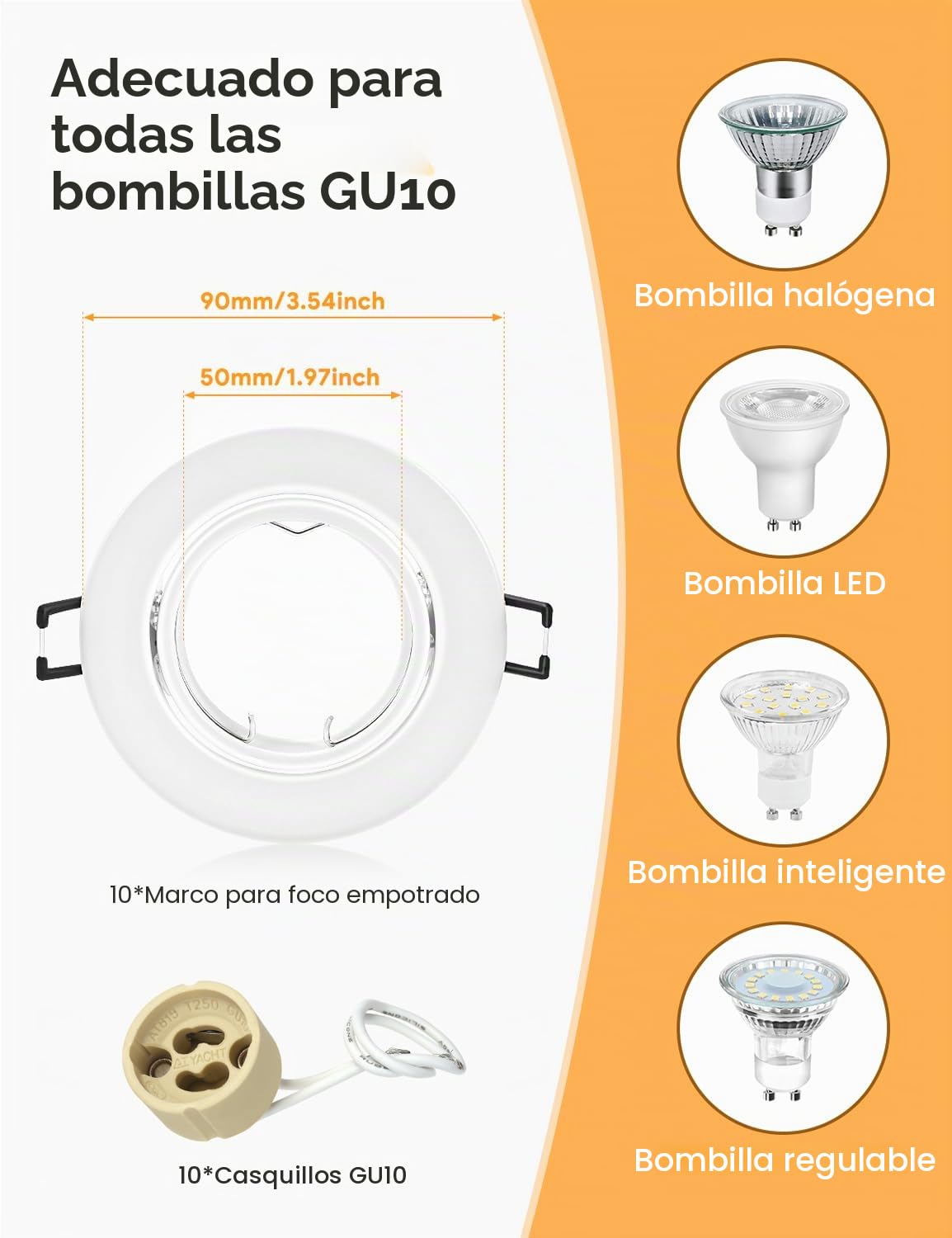 Foco Empotrable LED Techo, 10 Pieza Marco Focos GU10 Blanco Redondo, con Portalámparas GU10 para Lámparas de Led O Halógena, Ángulo basculación 30° AC 230V, Marco Empotrado Ojos de Buey para Techo