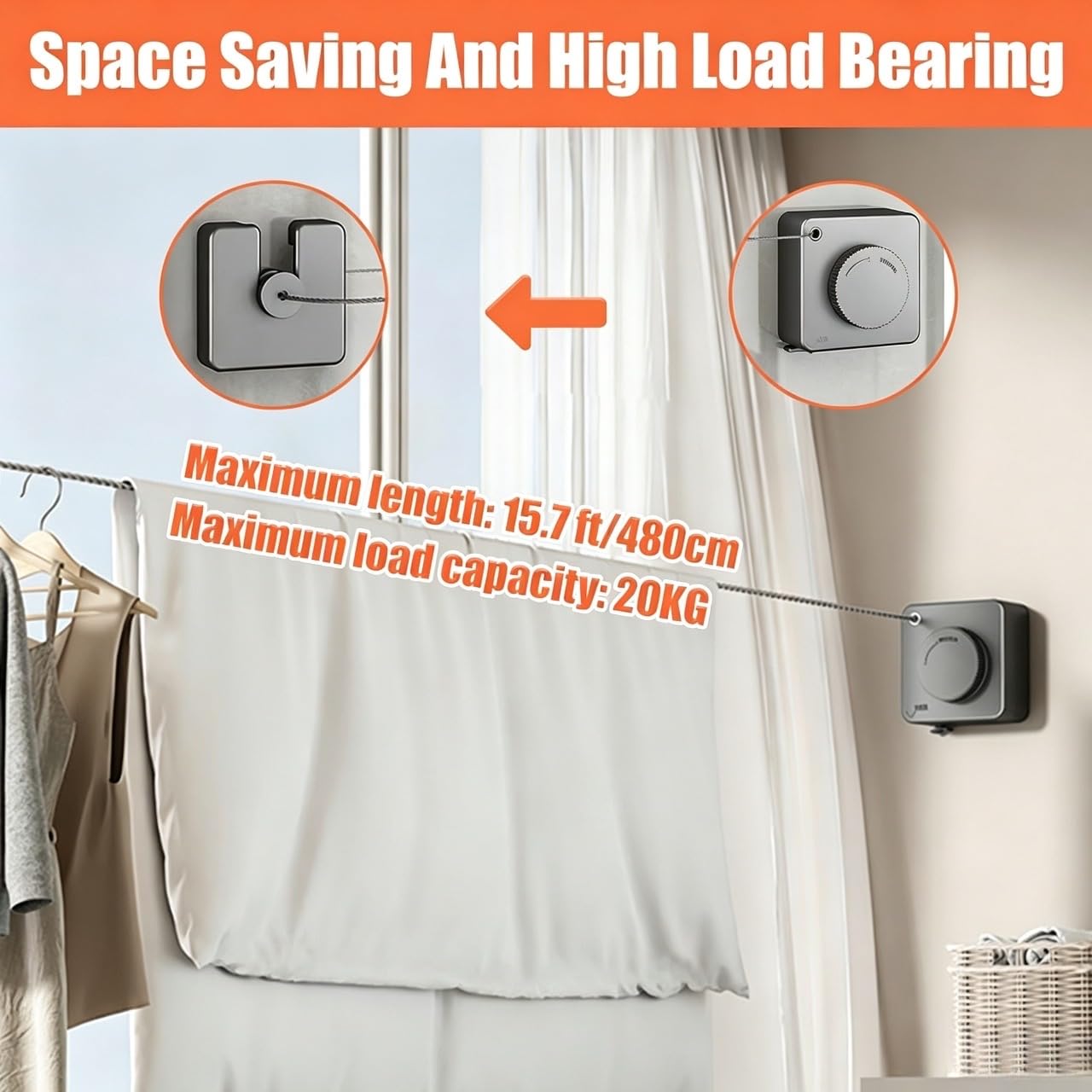 GAESHOW Corde à Linge Rétractable, Extensible Ligne à Laver Murale, Murale Ligne à Laver sans Affaissement avec Câble en Acier de 4,8 M pour Salle de Bain, Buanderie, Balcon, Jardin (Gris)