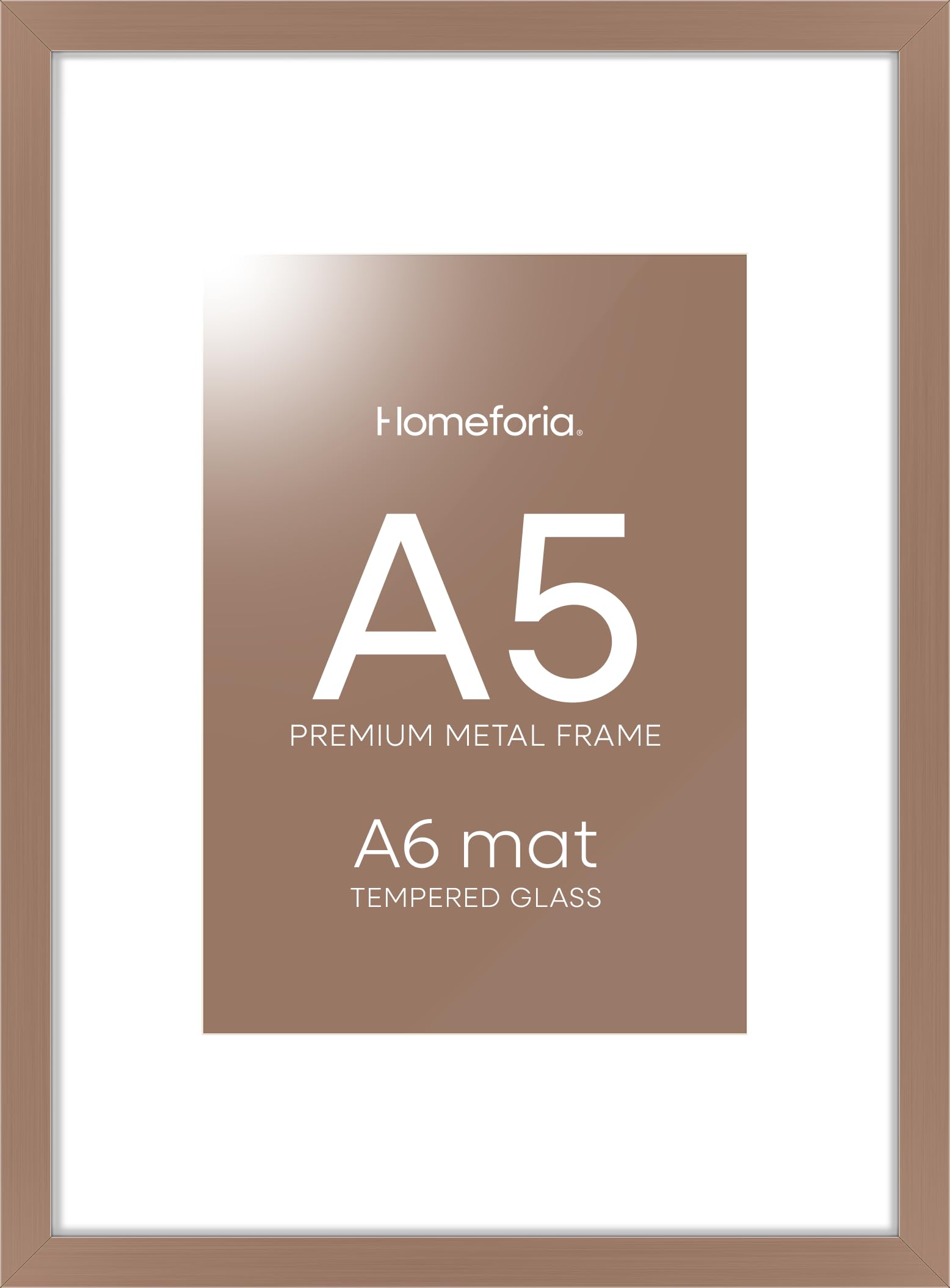 Homeforia A5 Mocha Picture Frame, High-End Metal, A6 Mat, Glass | High End Aluminum, Tempered Glass, Acid-Free A6 Removable Mat, A5 Edge-to-Edge Display, Wall Kit, Set Of 1
