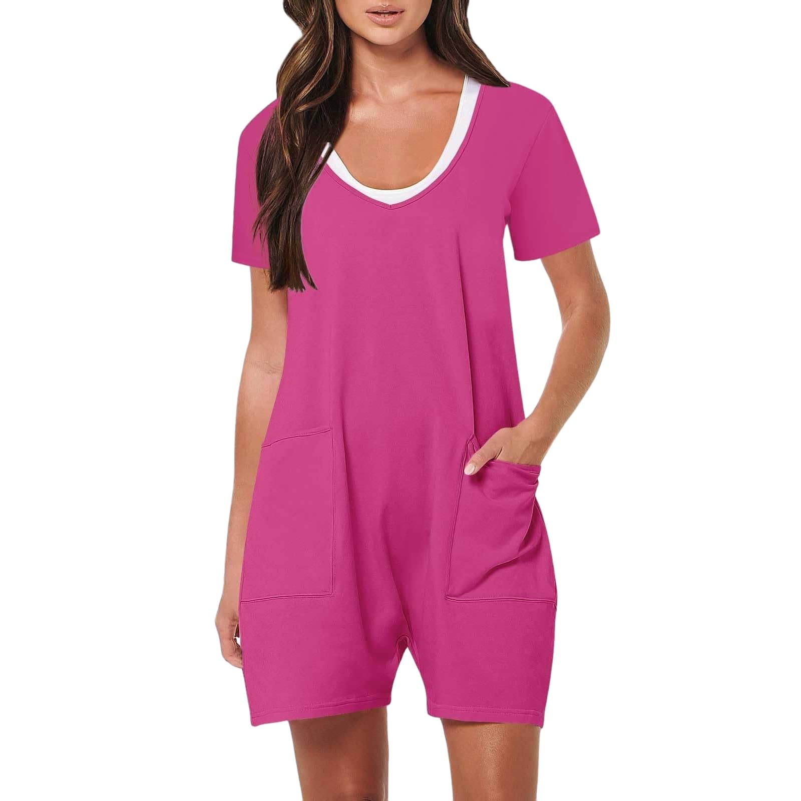 Rompers for Women Summer Casual Short Sleeve Jumpsuits Trendy Shorts Overalls V Neck Loose One Piece Outfits