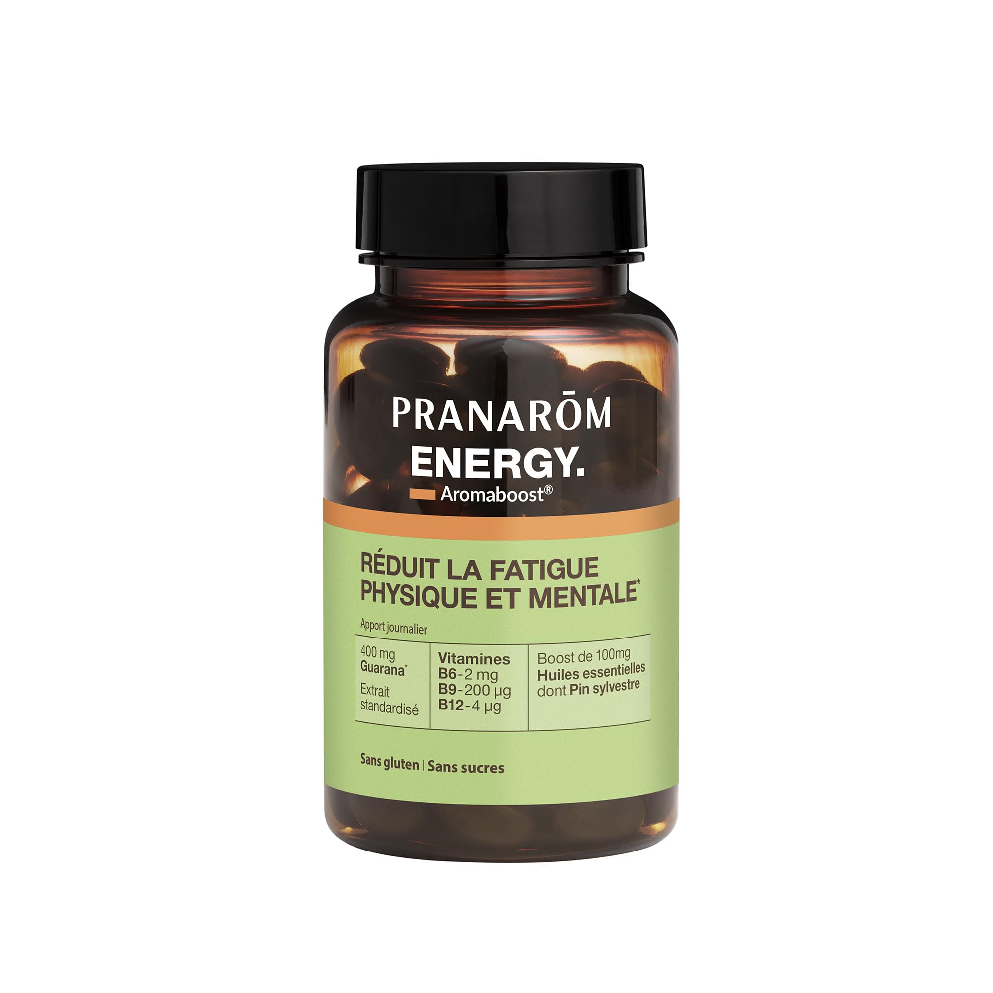 Pranarôm - Aromaboost Energy - Complément Alimentaire Énergie - Réduit la Fatigue Physique et Mentale - Guarana - Vitamines B6 B9 B12 - Huile Essentielle Pin Sylvestre - 60 Capsules