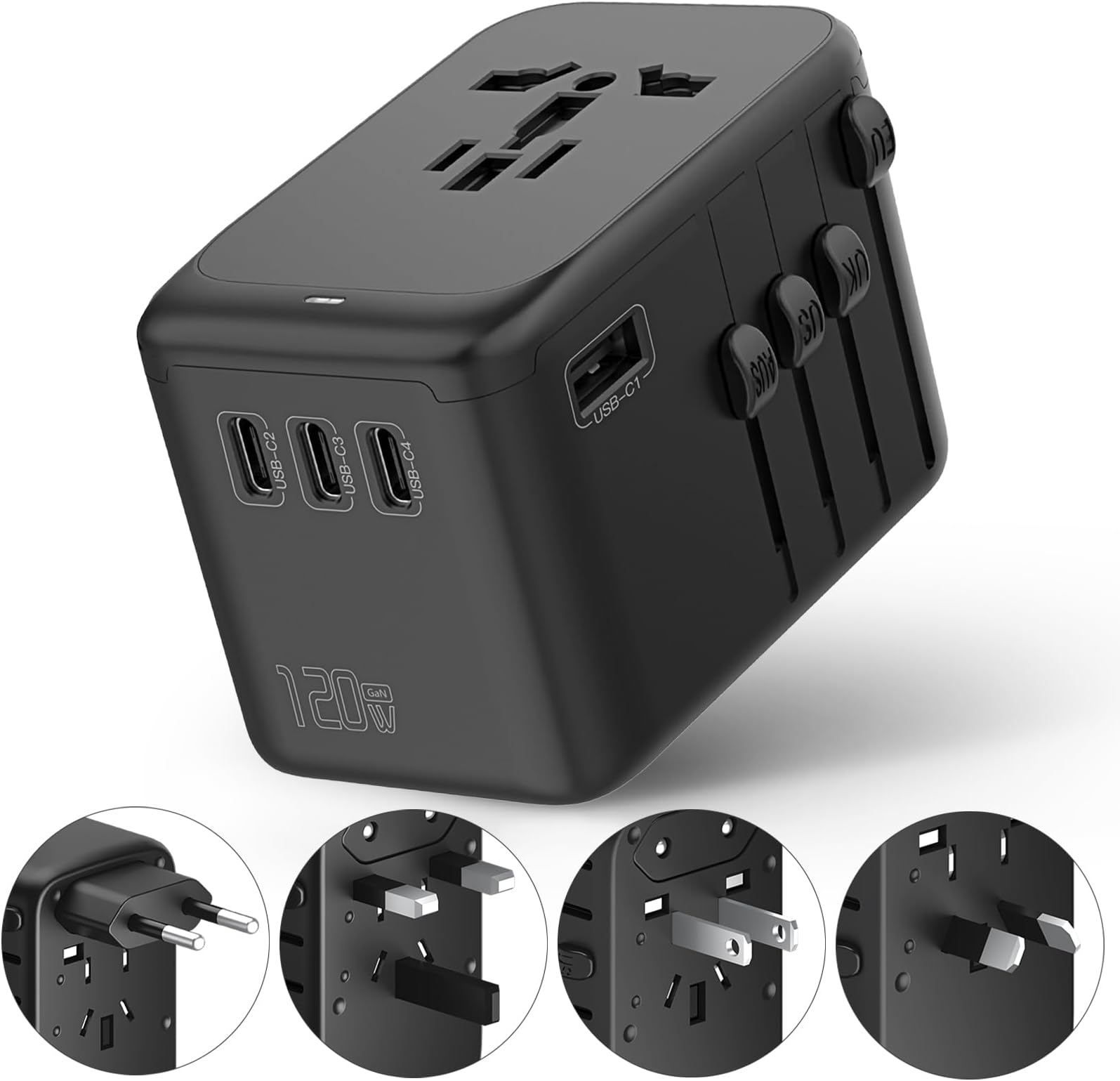 GaN Universal Travel Adapter 120W Charger, Universal Travel Adapter with 1 USB-A, 4 USB-C and 1 PD Quick Charge 100W, All-in-One Plug Adapter for EU, USA, UK, Japan