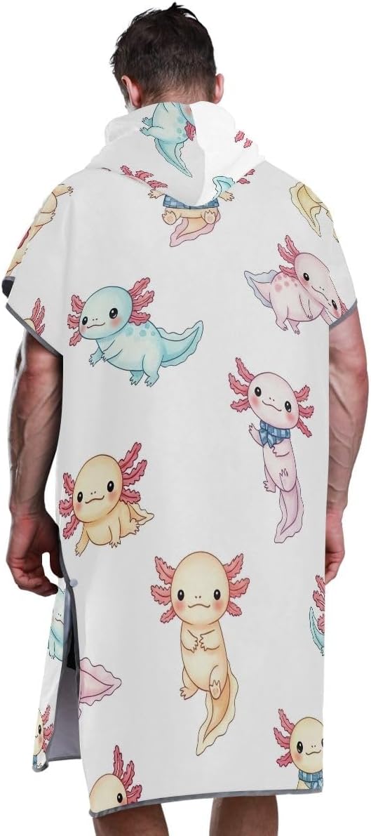 Joisal Changing Robe for Adults Surf Poncho Hooded Beach Towel Print Absorbent Cute Axolotl White Adult Ponchos for Women