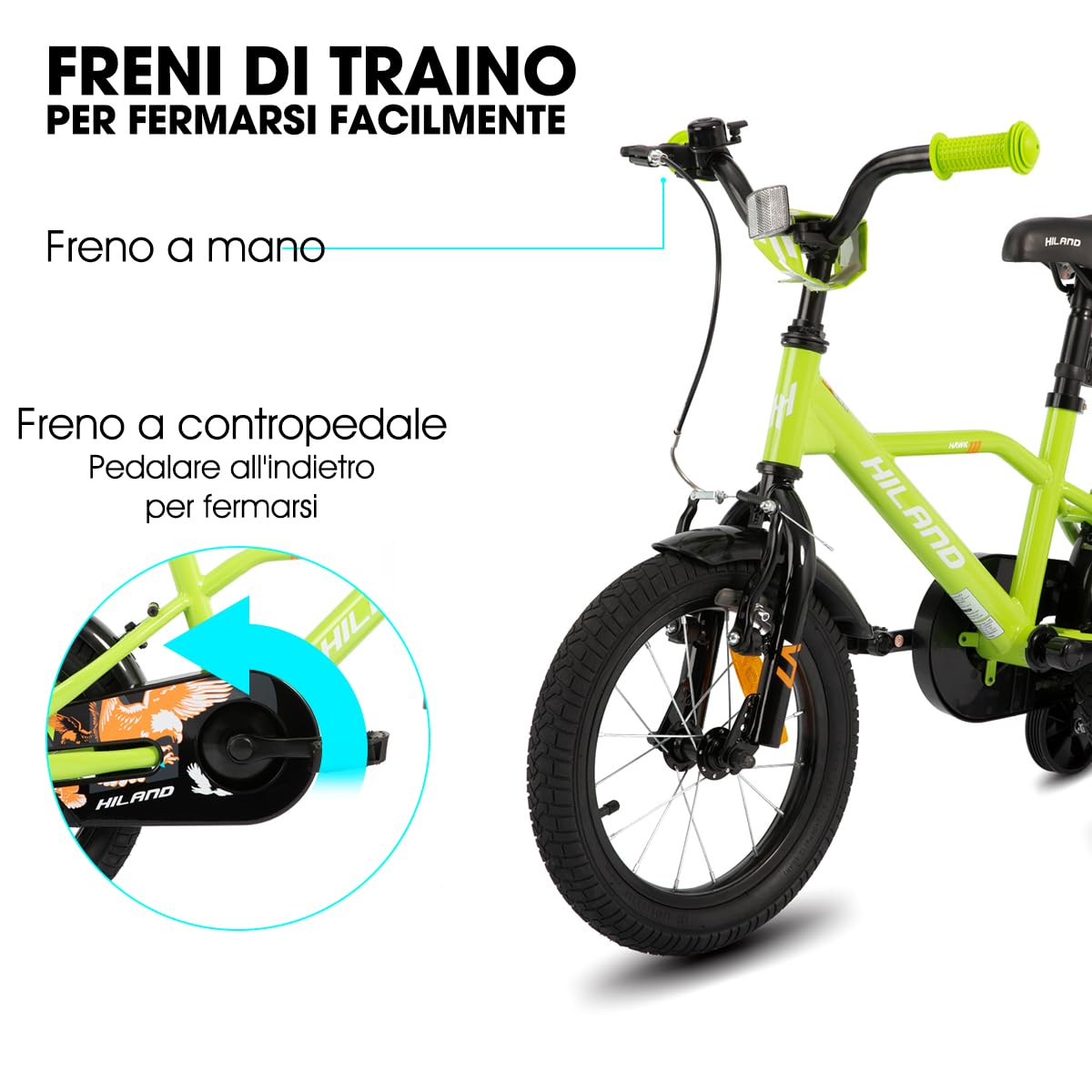 HILAND Hawk Bicicletta Bambino/Bambina 12"/14"/16" 2–6 Anni, Bicicletta per Bambini con Ruote Stabilizzatrici, Freno a Mano e Freno a Pedale, Colori multipli