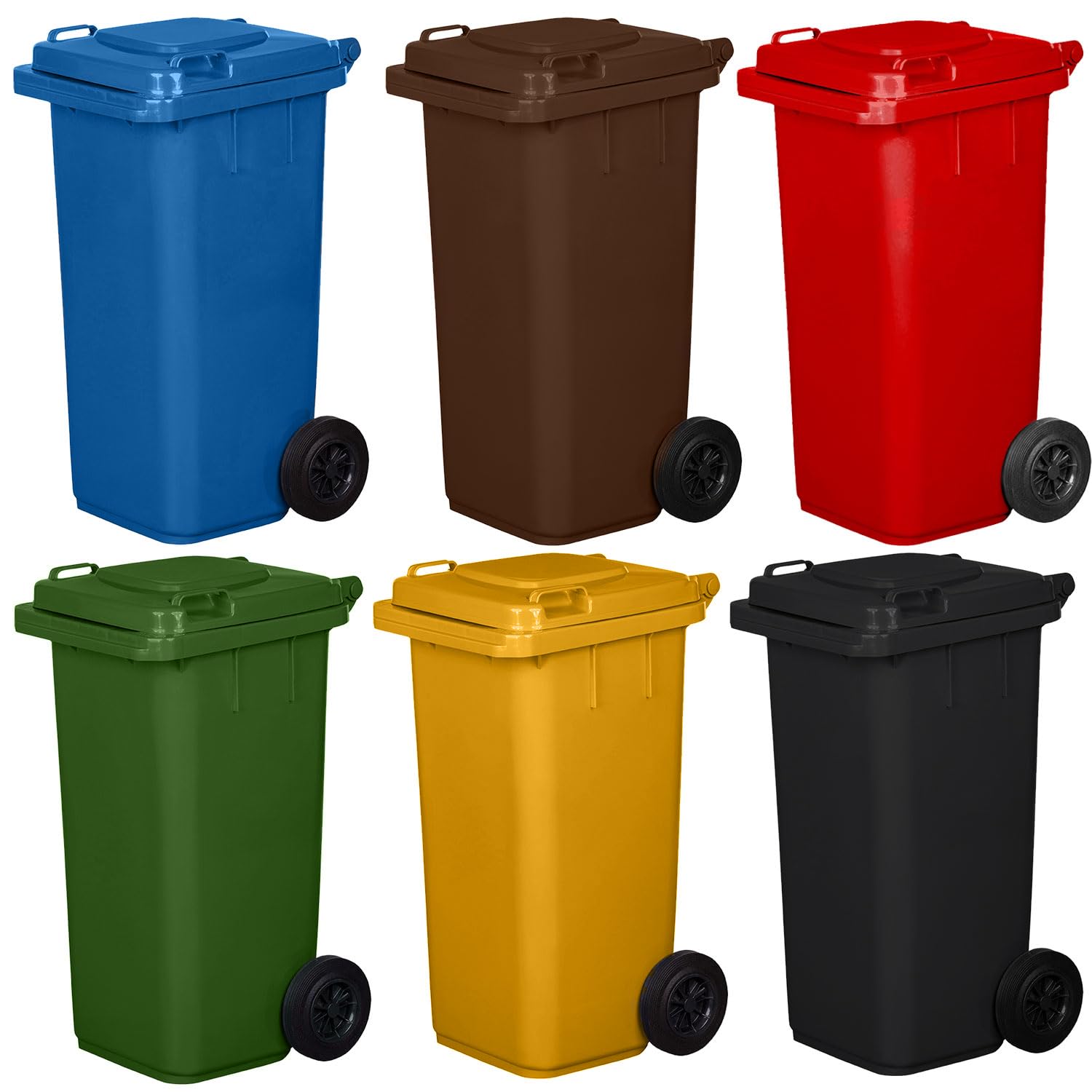 Juego de 3 cubos de basura para basura PN-EN 840, de 240 litros, con ruedas, sistema de enganche para extracción mecánica, de plástico, negro, amarillo, azul