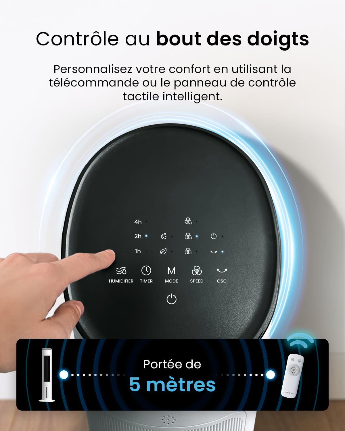 Pro Breeze OmniAir Rafraichisseur d’Air 5L 3en1, 3 Vitesses, 4 Modes, Oscillant, Minuterie 7h, Climatiseur Mobile Sans Évacuation, Silencieux, Sans Conduit, Ventilateur Refroidisseur d'Air