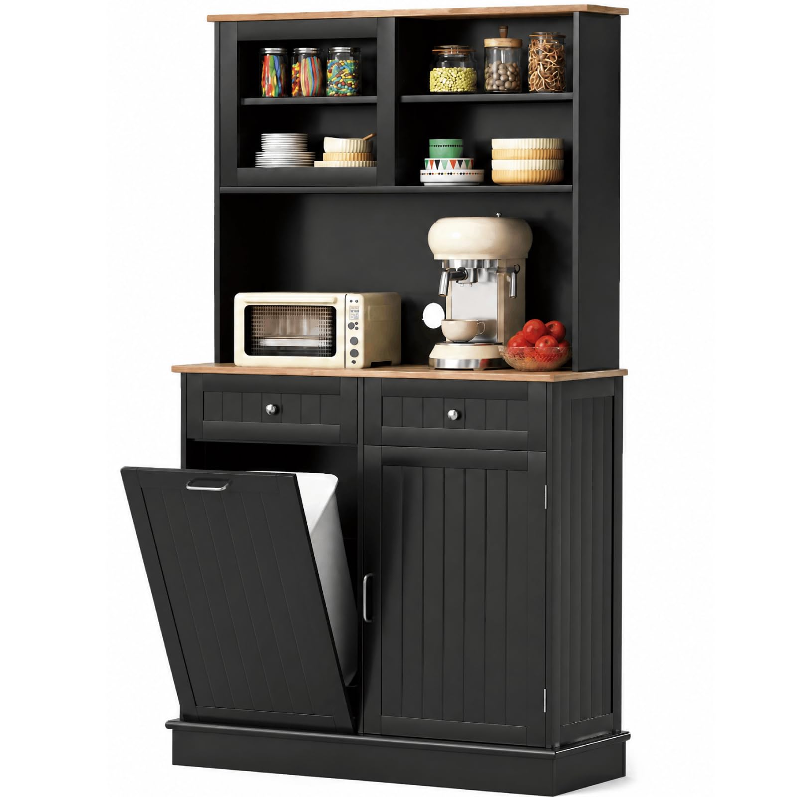 TANGZON Tall Kitchen Cupboard with Trash Bin Hamper, Wooden Storage Cabinet with Adjustable Shelves, Rubber Wood Countertop & Drawers, Freestanding Dining Living Room Sideboard (Black+Natural)
