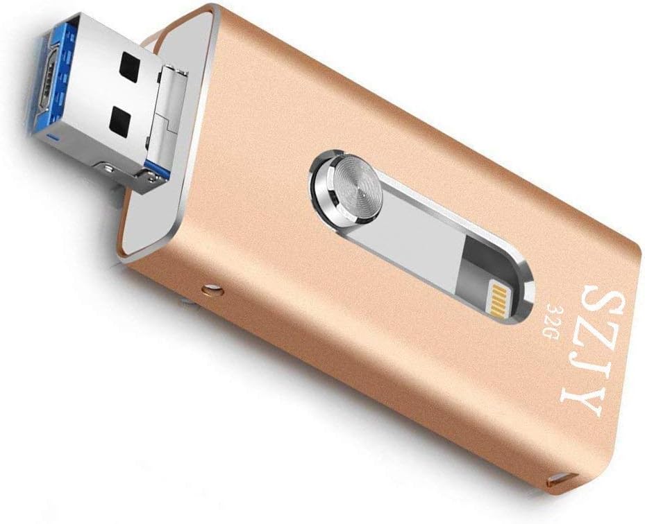 32GB USB iPhone Flash Drive - USB, Micr USB and Lightning connector(3 in 1) for iPhone iPad IOS Andriod and PC- (Gold)