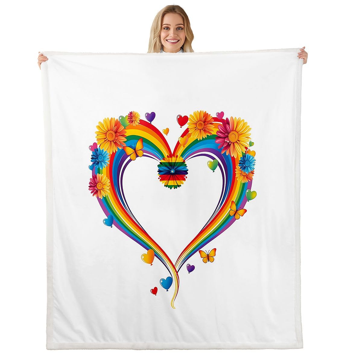 Homewish Couverture Canapé 229x229cm Fierté LGBTQ | Couverture Polaire Cœur Floral Arc-en-Ciel Jetés de Lit Papillon Fleur Aquarelle Adultes Jeunes Fierté Romantique Minimaliste