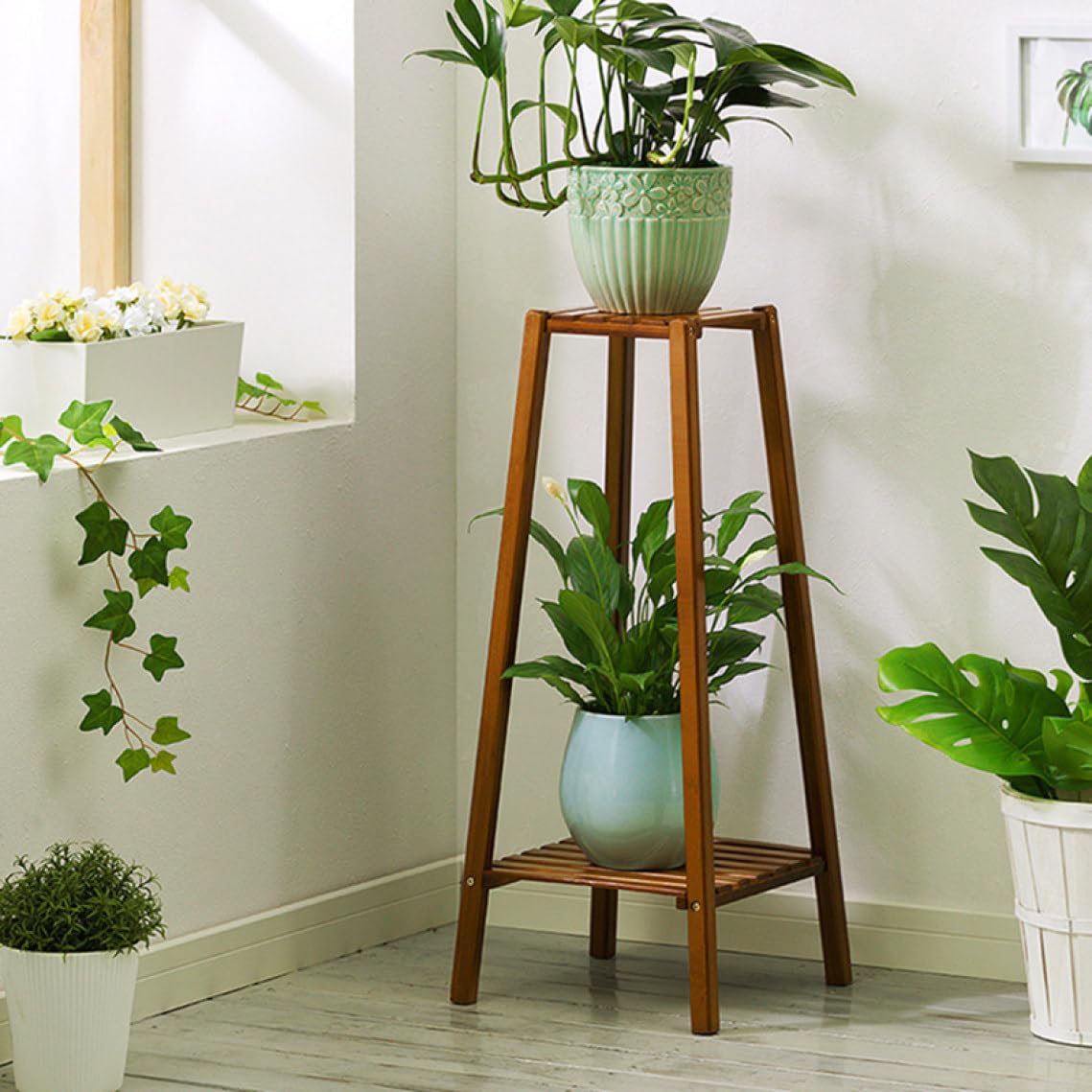 Amazon.co.jp: MJKQ9 花台 フラワースタンド 2段 竹製 天然木