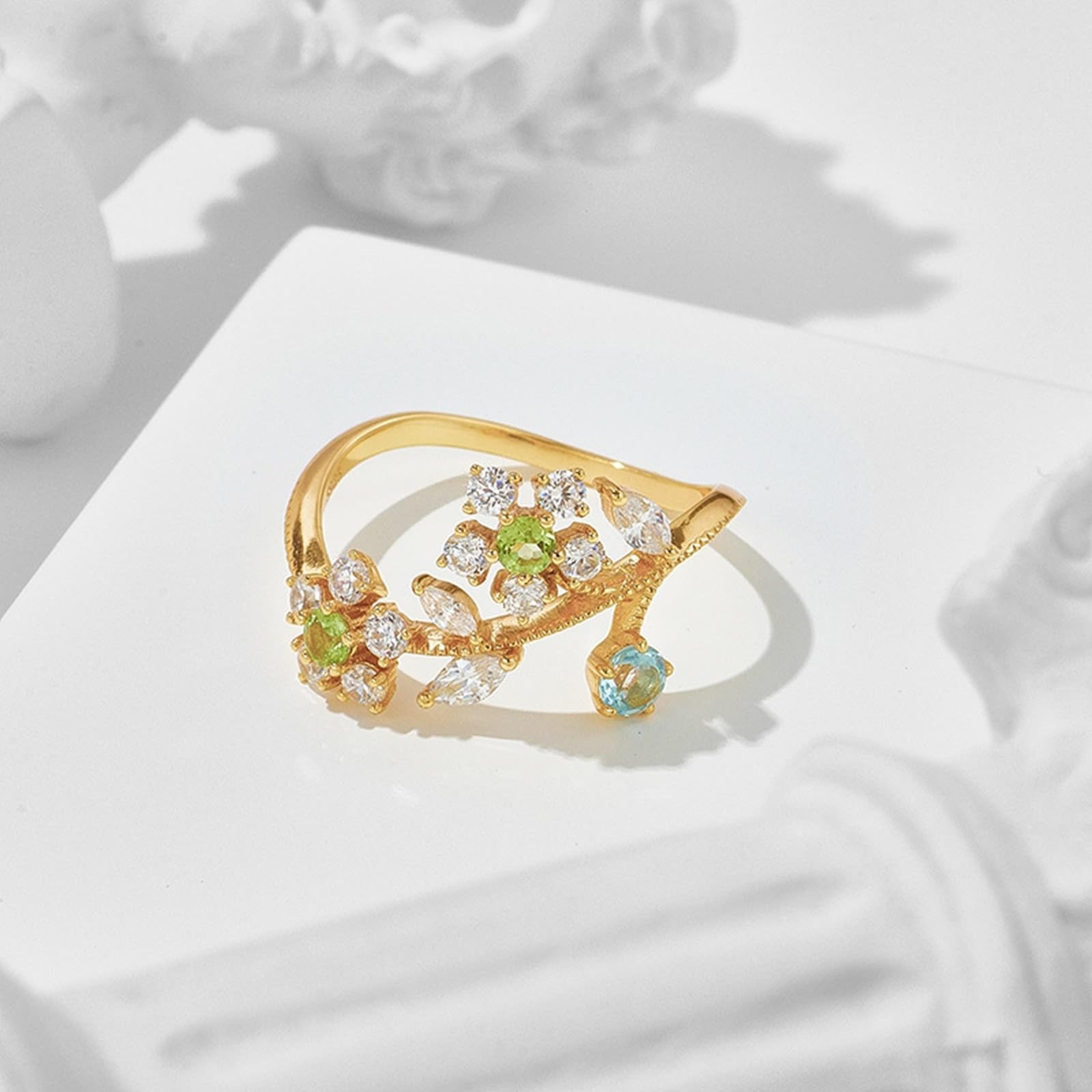 Anillo de boda auténtico de 9 K/14 K/18 K oro amarillo con peridoto verde, hojas de flores