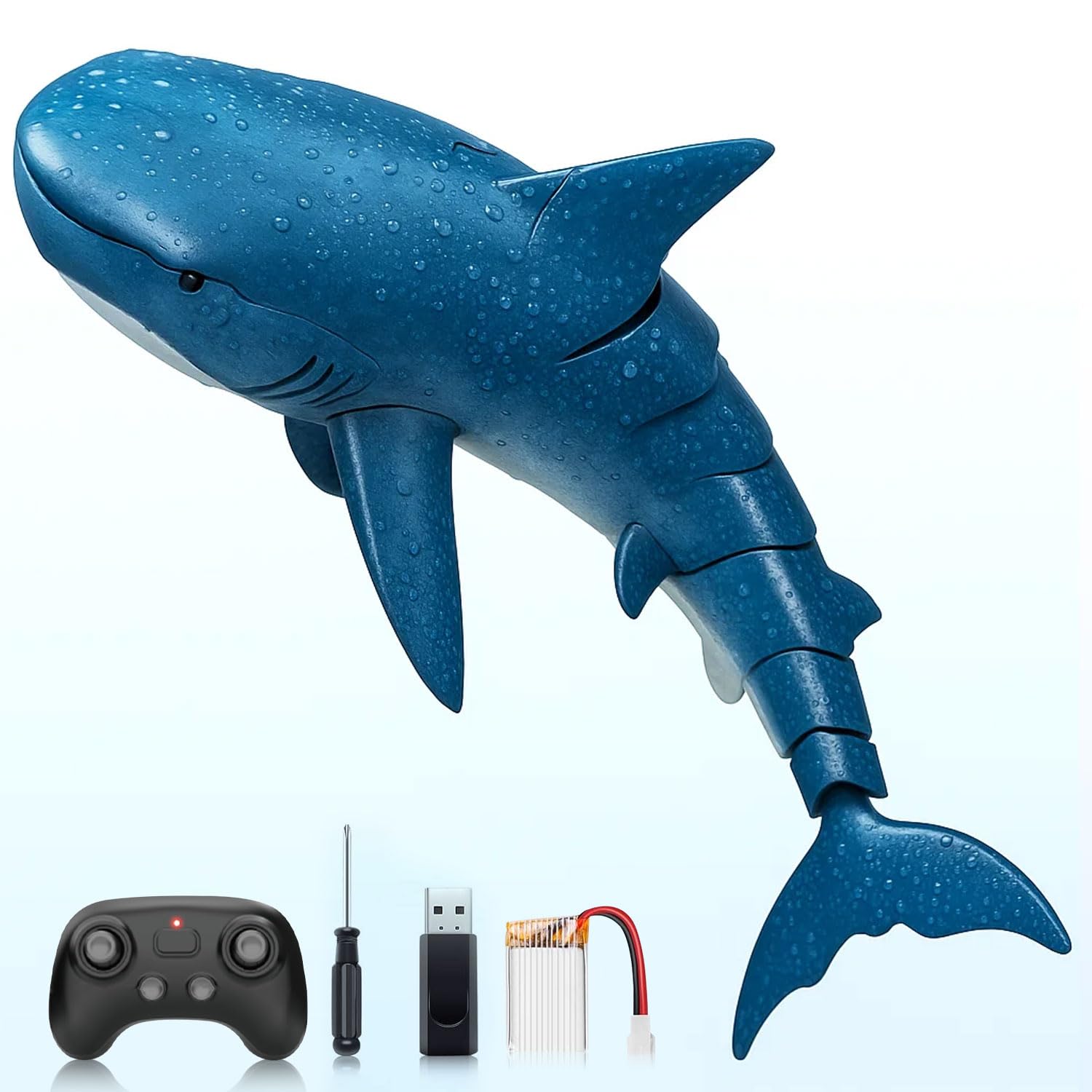 RC Remote Control Shark, Underwater Fish Toy for Swimming Pool Remote Control Boat, Realistic Aquatic Toy with Water Spray & LED Lights for Kids, Waterproof Simulation Shark for Gift (Blue)