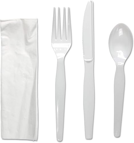 Boardwalk FKTNHWPSWH Juego de cubiertos de cuatro piezas, tenedor/cuchillo/servilleta/cucharadita, peso pesado, blanco, 250/ct
