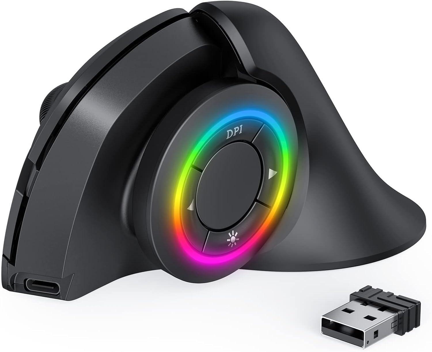 seenda Ratón ergonómico, ratón vertical inalámbrico con jiggler de ratón, ratón recargable para ordenador portátil de 2,4 G, ratón con RGB LED DPI 2400 para ordenador equipado con USB, color negro