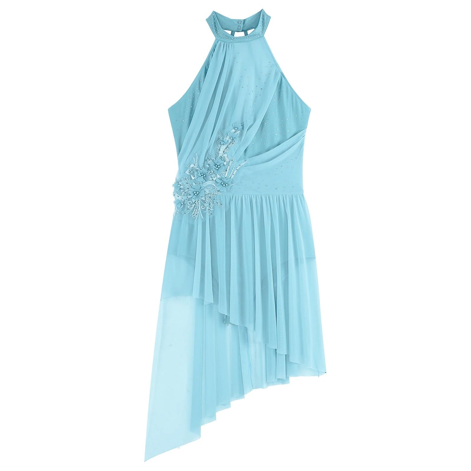 Vestido de ballet para mujer, con letras líricas, para patinaje artístico, espalda con tirantes, dobladillo asimétrico, con diamantes de imitación brillantes