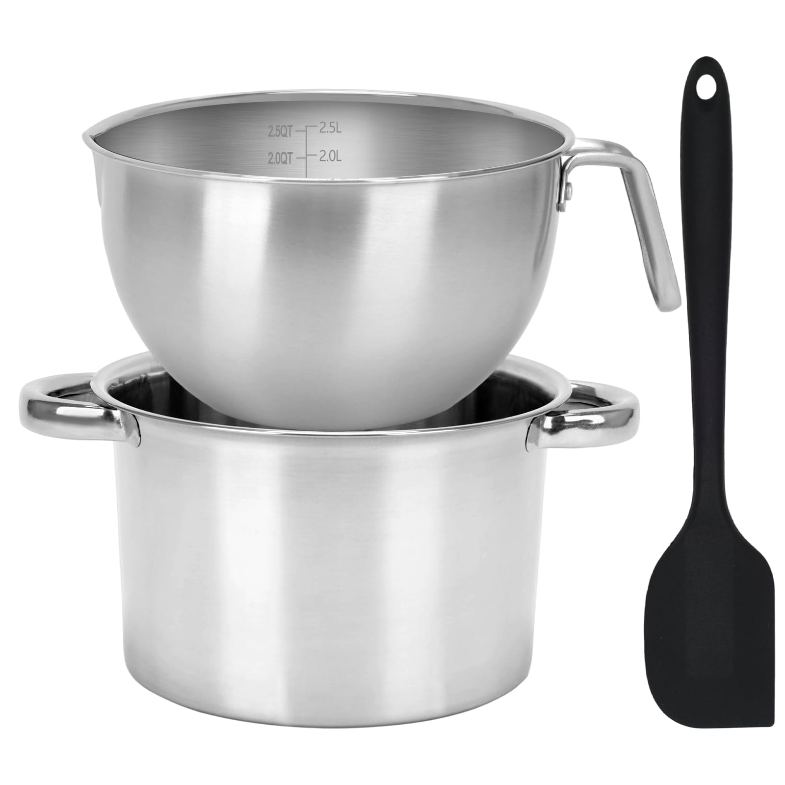 3PCS Double Boiler Pot Set, 2500ML/2.3QT Mixing Bowl with Scale 4000ML/ 3.6QT Stainless Steel Heating Pot with Silicone Spatula for Cheese Chocolate