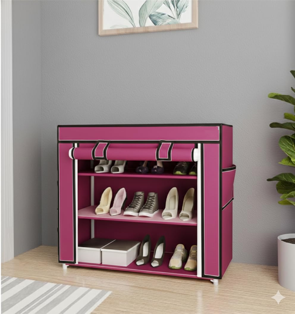 Shoe Rack with Cover, Plastic Rack 3 Shelves with Zip Cover & Side Pockets, Dustproof Multiuse Storage Organizer for Footwear, Toy, Slipper Stand Multicolor-image-13