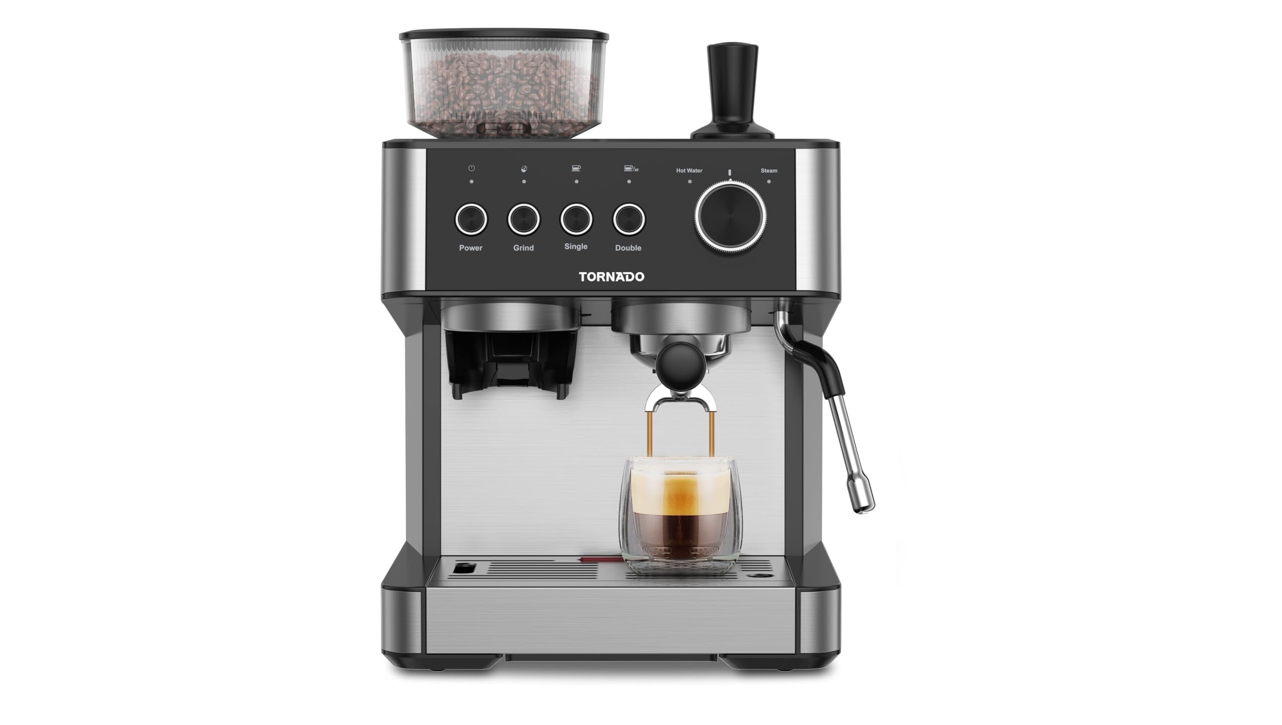 Tornado TCM-5431-GS Espressomaschine – Halbautomatisch, 2,3 l, integriertes Mahlwerk, Bohnen- oder gemahlener Kaffee, Schwarz