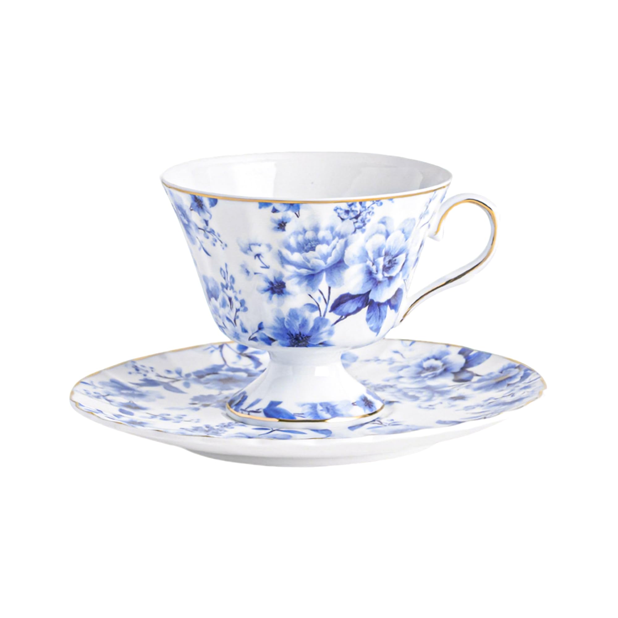 fanquare Porcelain Cup and Saucer Set, Blue and White Rose Floral Coffee Cups, 170ml Vintage British Ceramic Teacup for Women Wedding Party Gifts