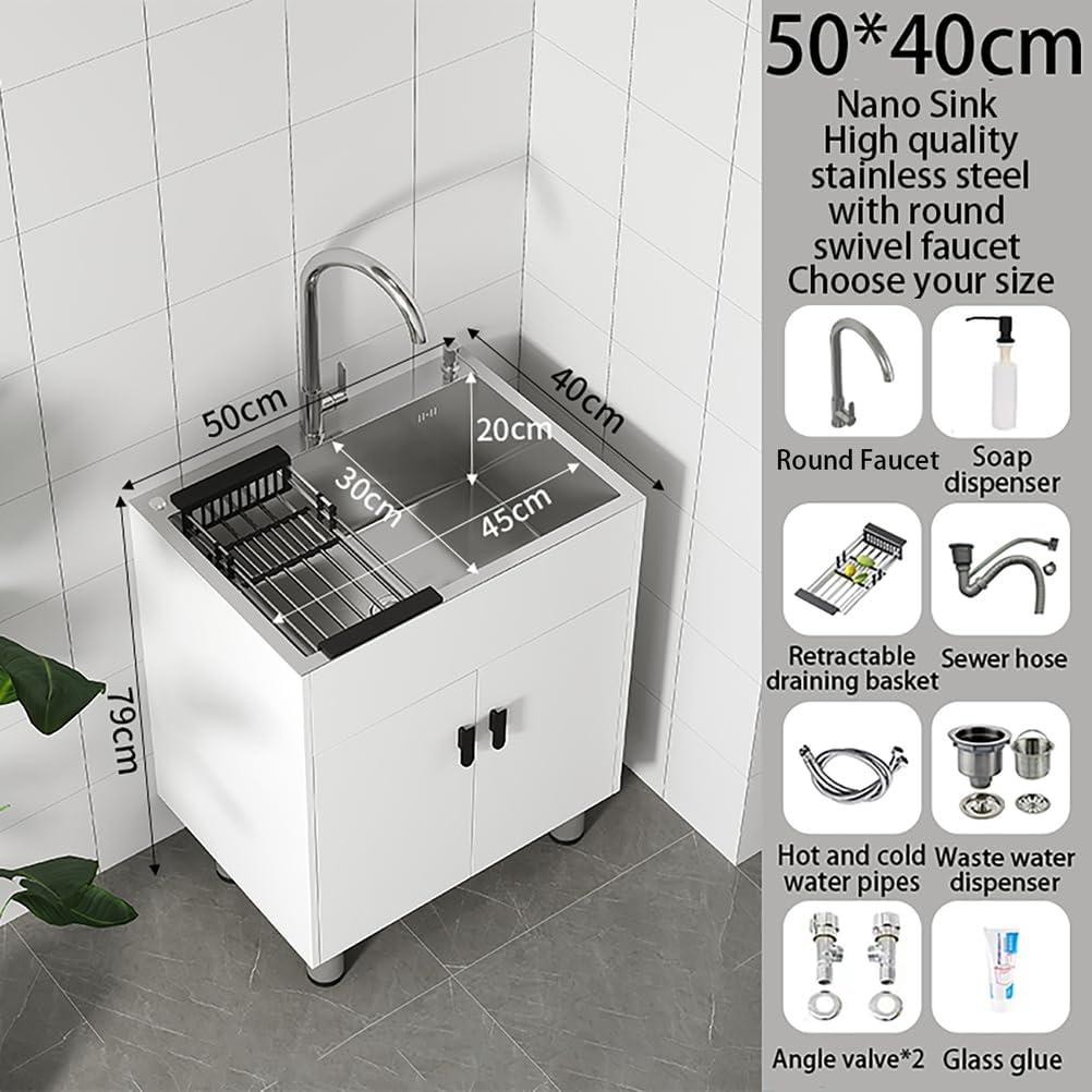 19.6-29.5In Stainless Steel Laundry Sink,Utility Sink Free Standing Single Bowl Kitchen Sink,with Cabinet,with Hot And Cold Water Faucet,Ideal for Bathroom,Garageand Outdoor,White,50*40*79cm