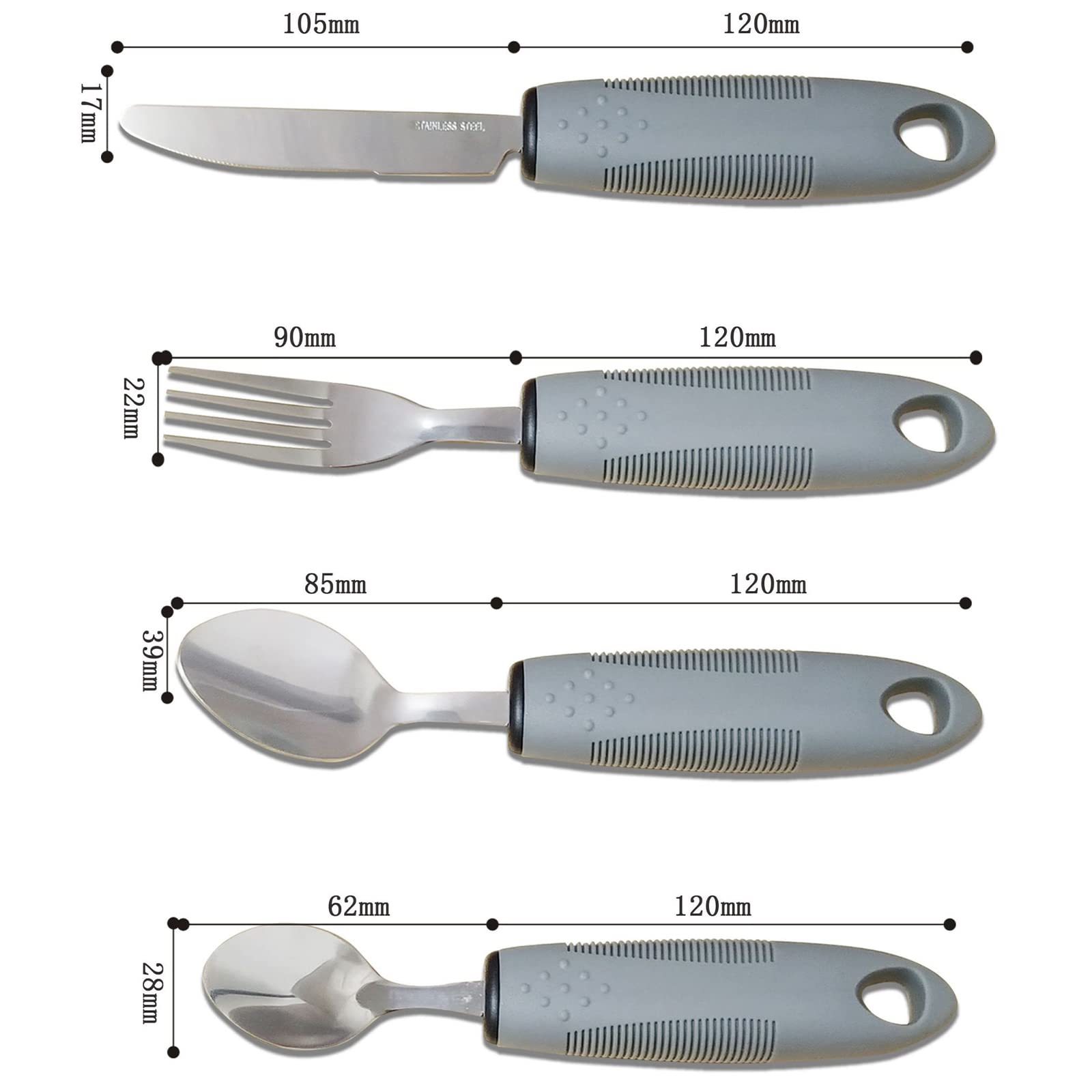 Zestaw 4 sztućców Easy Grip, zestaw sztućców ze stali nierdzewnej z szerokimi uchwytami, antypoślizgowa guma z uchwytem dla osób starszych, zapalenie stawów, parkinsonów i osób