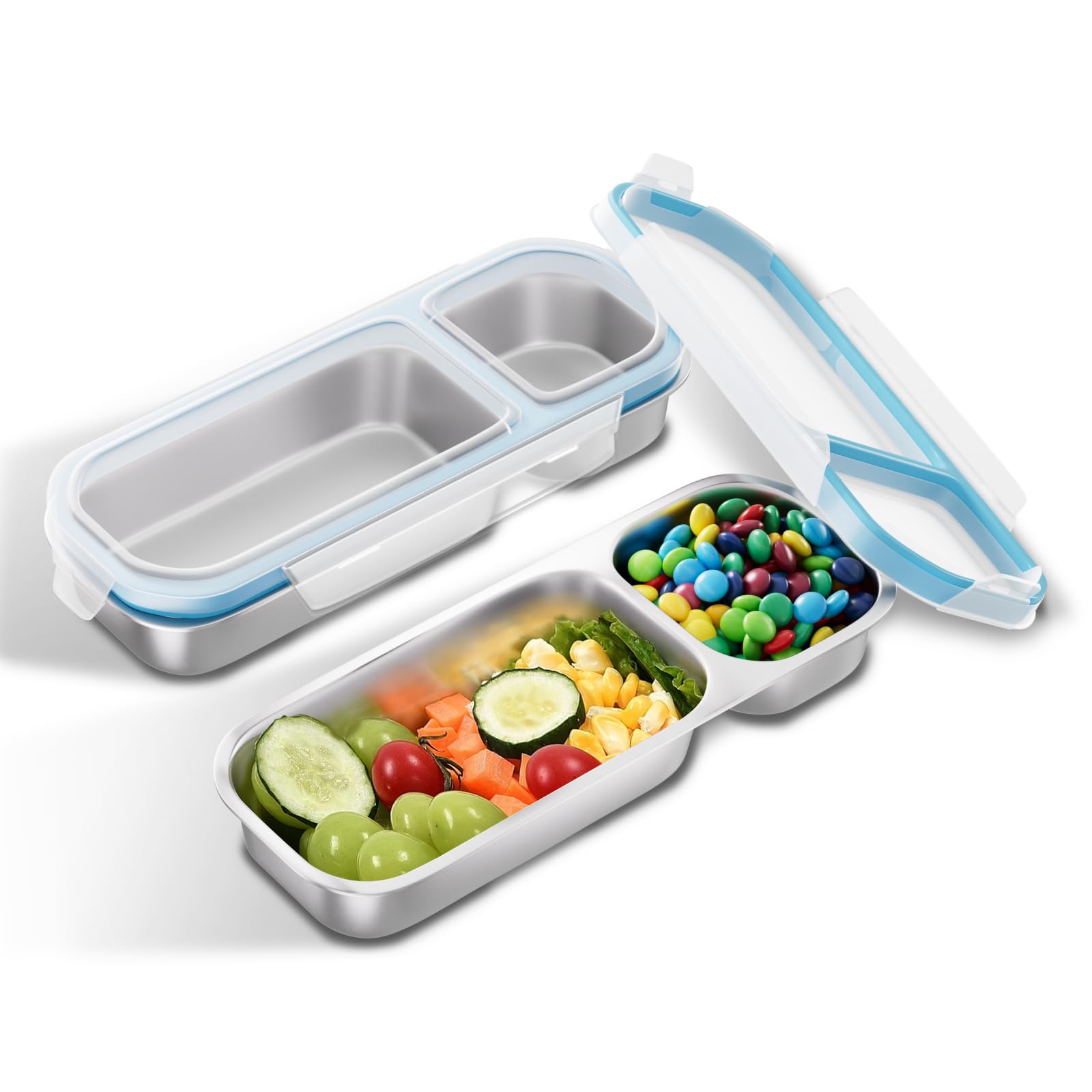 Photo 1 of Bakpoco Stainless Steel Snack Containers, 2 Pack 2 Compartment Metal Snack Lunch Box Containers with Lid, Reusable Food Storage Container, Leak Proof, Grab and Go