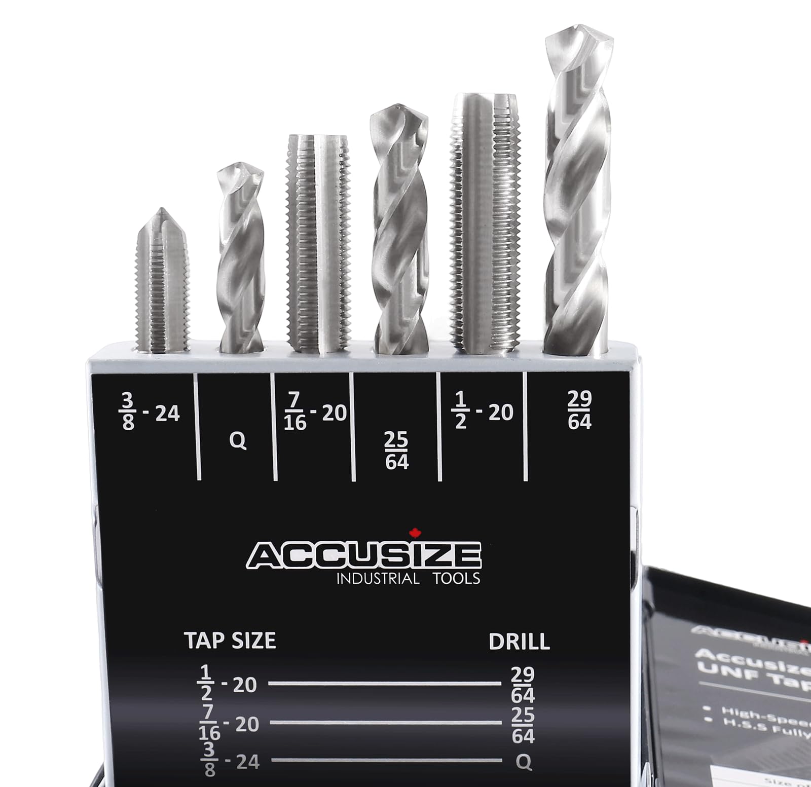 accusize – 18 pcs/Set h.s.s. Tap & Drill Set, UNF en caja de metal, 0001 – 0050