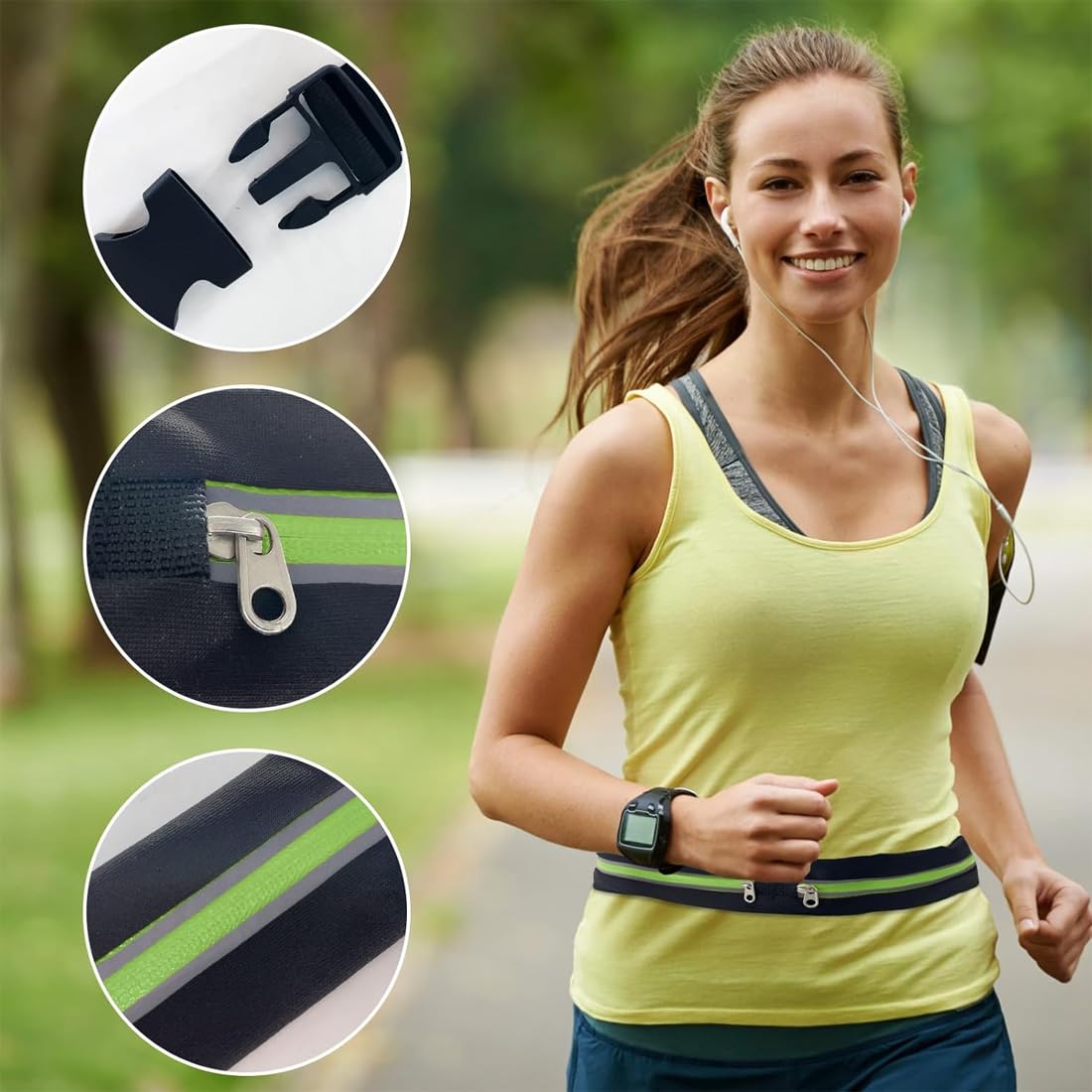 Cintura Da Corsa Porta Cellulare Running Belt 2 Due Marsupio Jogging Sport Outdoor Regolabile Resistente All'Acqua Nero E Verde