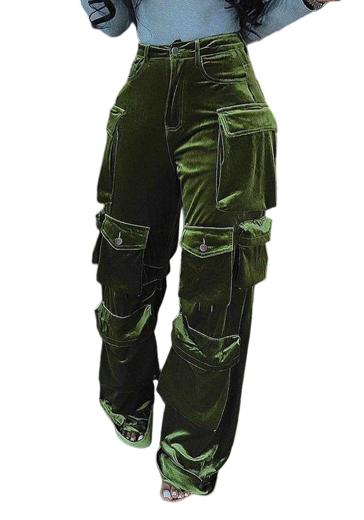 LKOUS Womens Velvet Cargo Pants Stretchy High Waist Straight Leg Casual Baggy Solid Y2K Trousers with Multiple Pockets