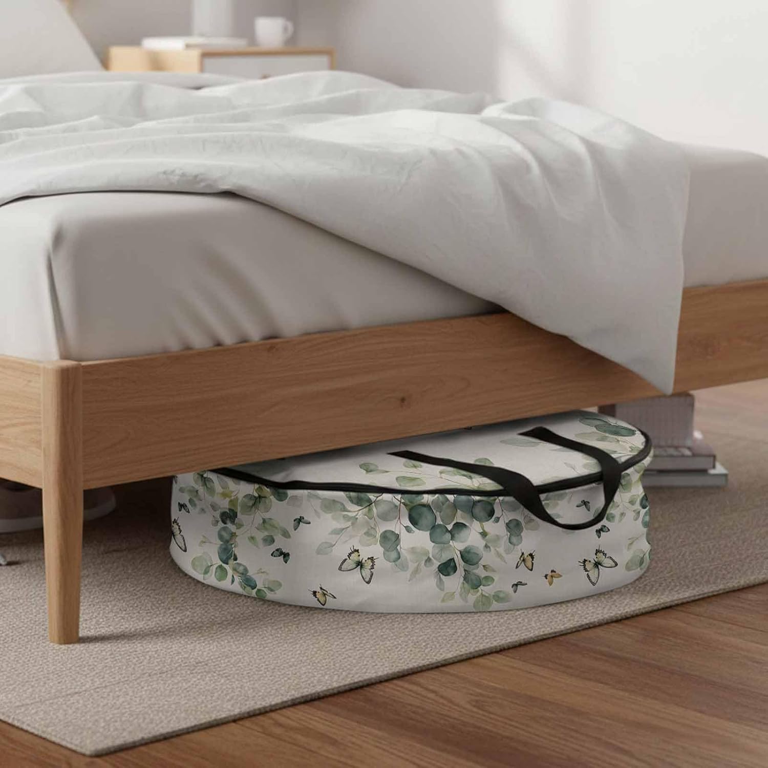 Retro Eucalyptus Leaves Round Storage Bag 36 Inch, Butterfly Spring Summer Rustic Linen Clothes Storage Container with Handles Heavy Duty Organizer for Comforter, Bedding & Holiday Wreaths