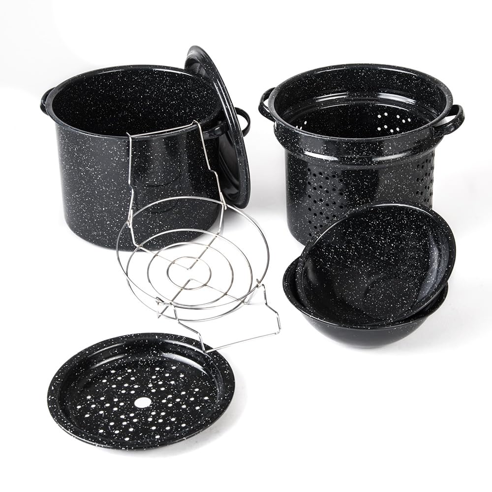 Granite Ware 3 in1 Stock Pot - Enameled Steel Multi-use Pot Set (8 Quarts), Ideal for Pasta, Tamales & Canning, Speckled Black
