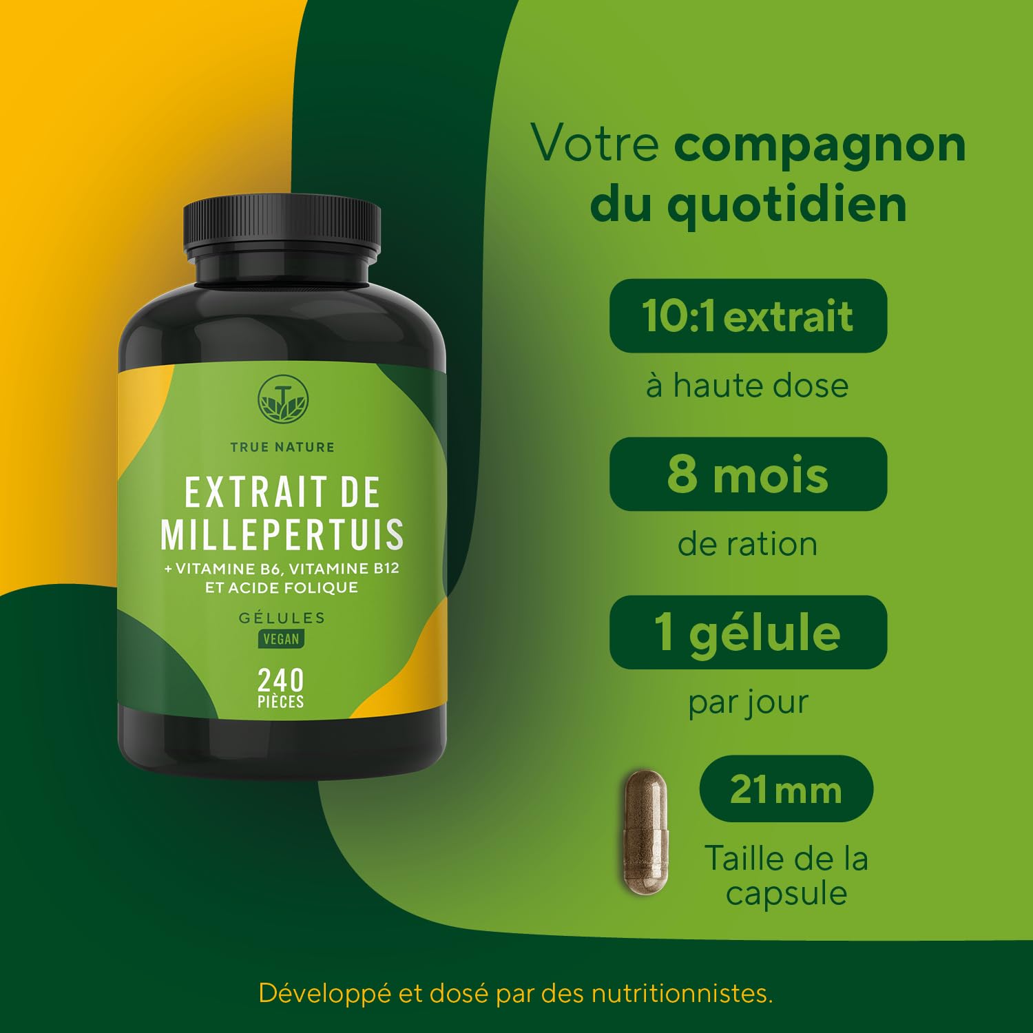 Millepertuis - 5000mg (10:1) par unité | 240 Gélules pour 8 Mois | Bonne Humeur, Anti-Stress & Sommeil | + Vitamines B6, B12 & Acide Folique | Sans Additifs, Gluten & Lactose | TRUE NATURE