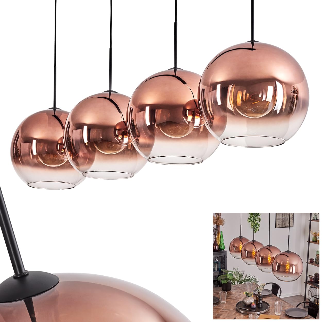 Koyoto Pendant Light, Hanging lamp Made of Metal/Glass in Black/Copper Colours, luminaire in Modern Retro/Vintage Design with Glass Shades (Ø 30 cm), Height max. 154 cm, 4 x E27, Without Bulbs