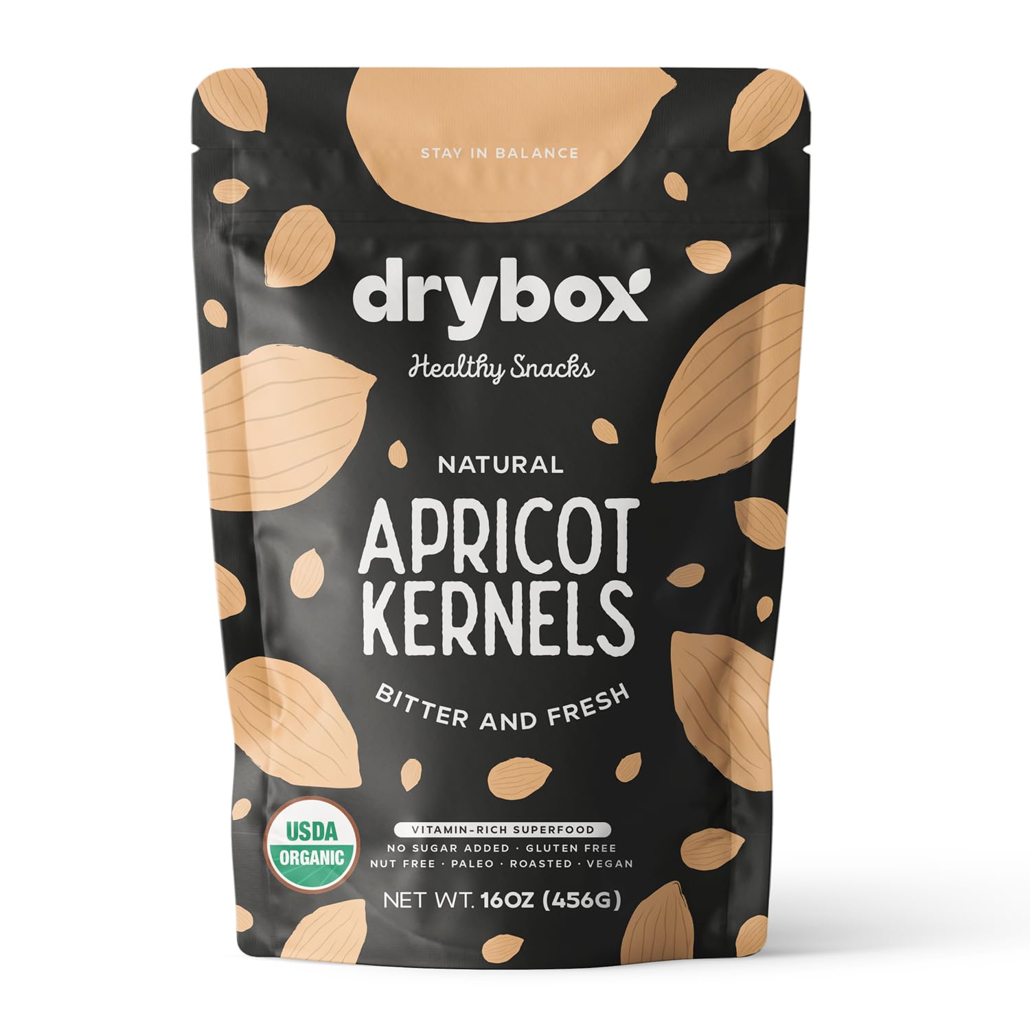 Drybox Bitter Apricot Kernels Raw Natural Organic NonGMO Vegan Source of Vitamin B17 and B15, Resealable Bag 16 oz/ 1 lb Bag, 1 PackUSDA Organic