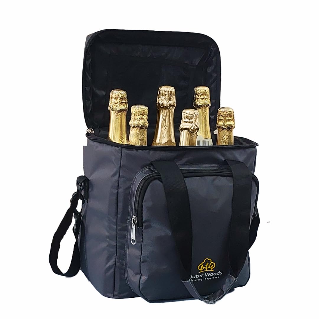 Outer Woods Insulated 6 Bottle Cooler Bag Beer Cooler, Wine Cooler, Party Bag 6+ Hours Cooling Fits 6 Full-Size Bottles Includes 6 Ice Gel Packs Ideal for Travel, Picnic & Outdoor Events (Grey)