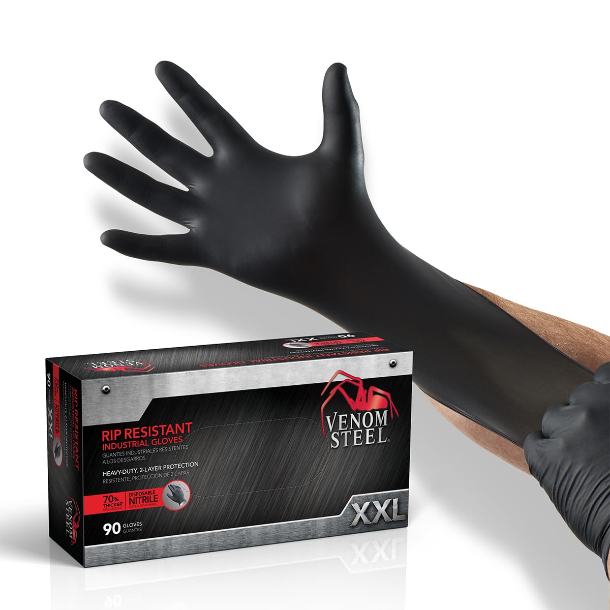- Venom Steel Nitrile Gloves, 6 mil Disposable Latex Free Black Gloves, 2 Layer Rip Resistant Gloves, XX-Large (Pack of 90)