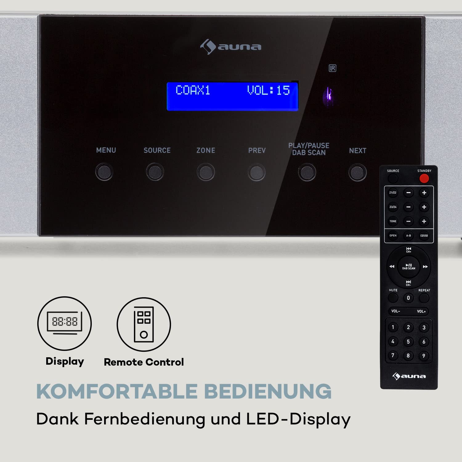 Auna AMP-4000 DAB HiFi-Stereo-Verstärker, DAB+-Radio, Stereo Verstärker, USB Fernbedienung, Amplifier mit LED-Display, HiFi schwarz-weiß