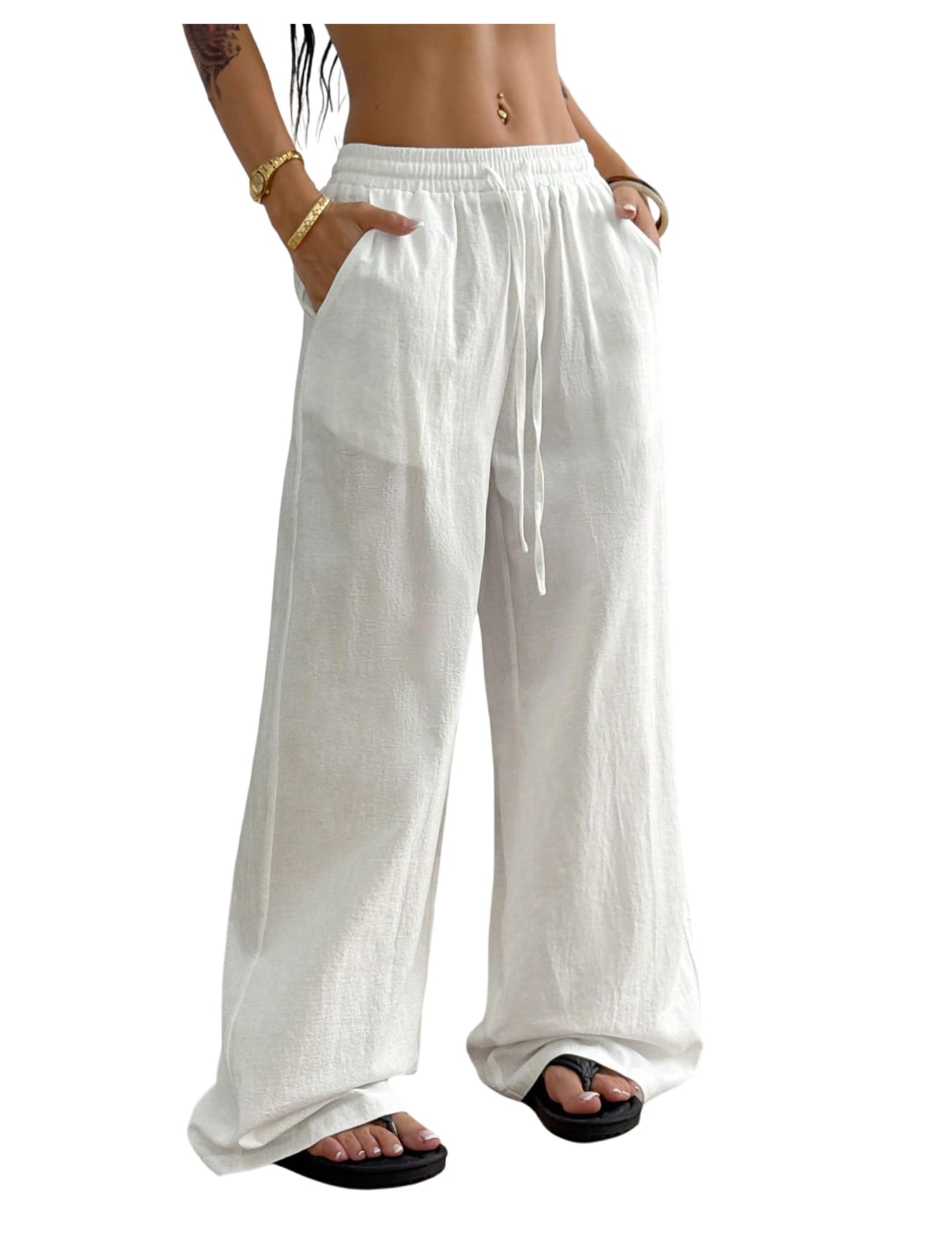 SweatyRocks Womens Loose Straight Leg Y2K Pants Drawstring Low Waist Long Trousers with Pockets