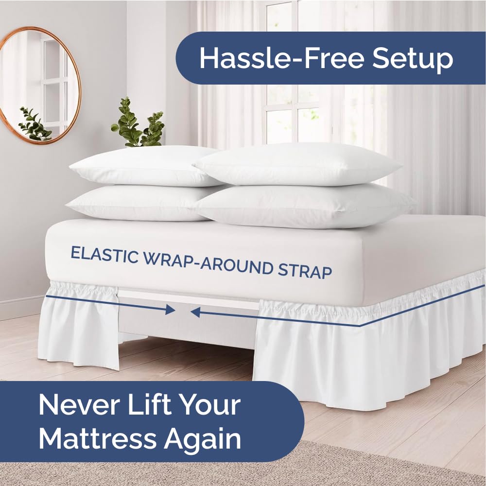 CGK Unlimited Wrap Around Dust Ruffle Bed Skirt - White - for Queen Size Beds with 15 Inch Drop - Easy Fit Elastic Strap - Adjustable Pleated Bedskirt w/Brushed Fabric - Wrinkle Free - for Women, Men, Kids & Teens in use