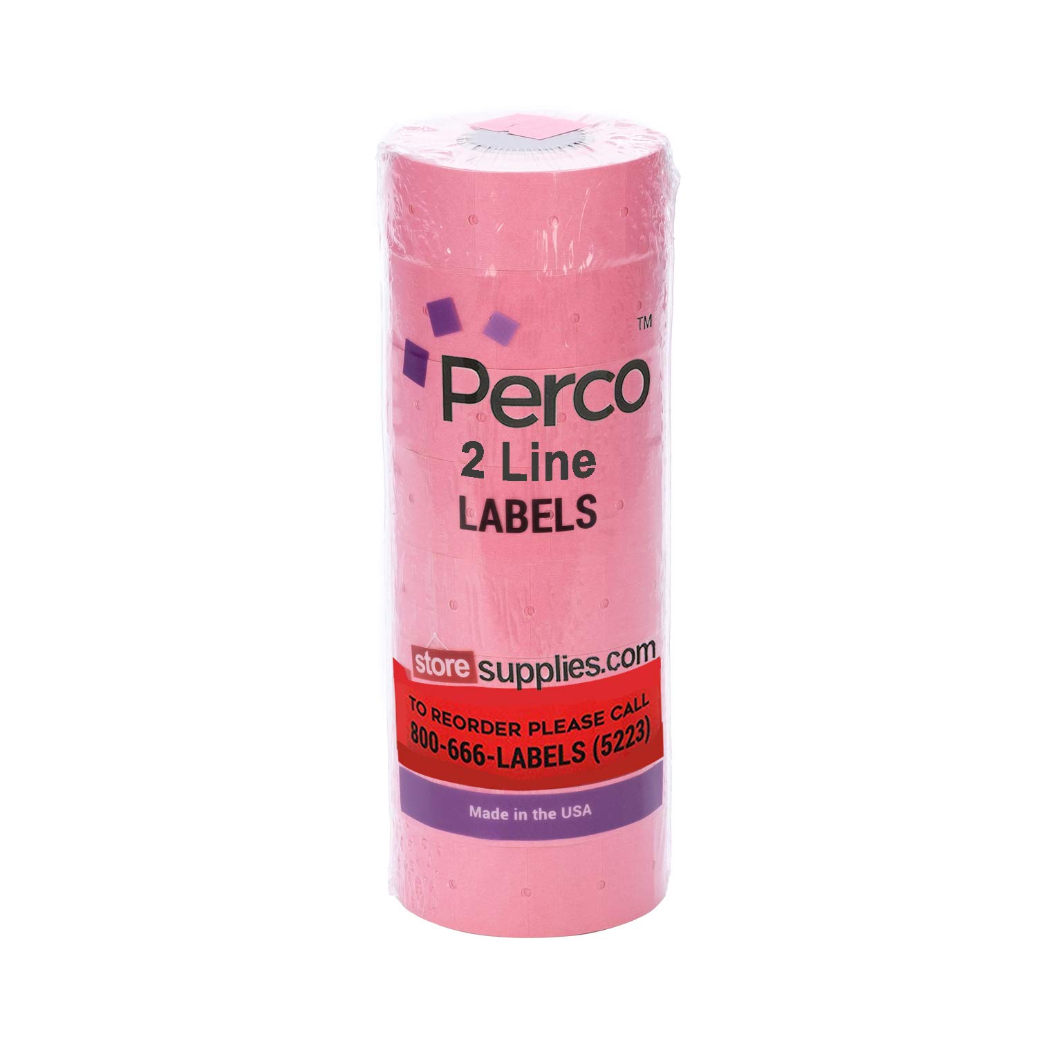 Perco 2 Line Fluorescent Pink Labels - 8 Rolls, 1 Sleeve, 6,000 Blank Price and Date Gun Labels for Perco 2 Line Price and Date Guns - Made in USA