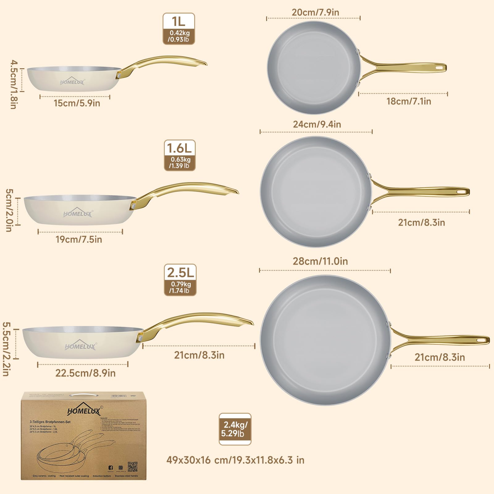 HOMELUX Zestaw patelni 3-częściowy, Ø 20/24/28 cm, patelnia ceramiczna, powłoka nieprzywierająca, do wszystkich rodzajów kuchenek, odporna na zarysowania, aluminiowe z uchwytem ze stali nierdzewnej