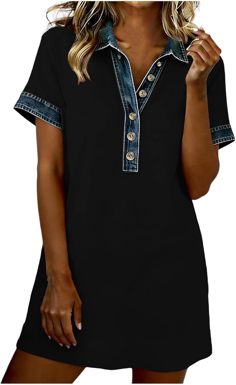 Women's Denim Patchwork Mini Dress Short Sleeve Collared Button Dresses Loose Fit Trendy T Shirt Mini Dress 2026