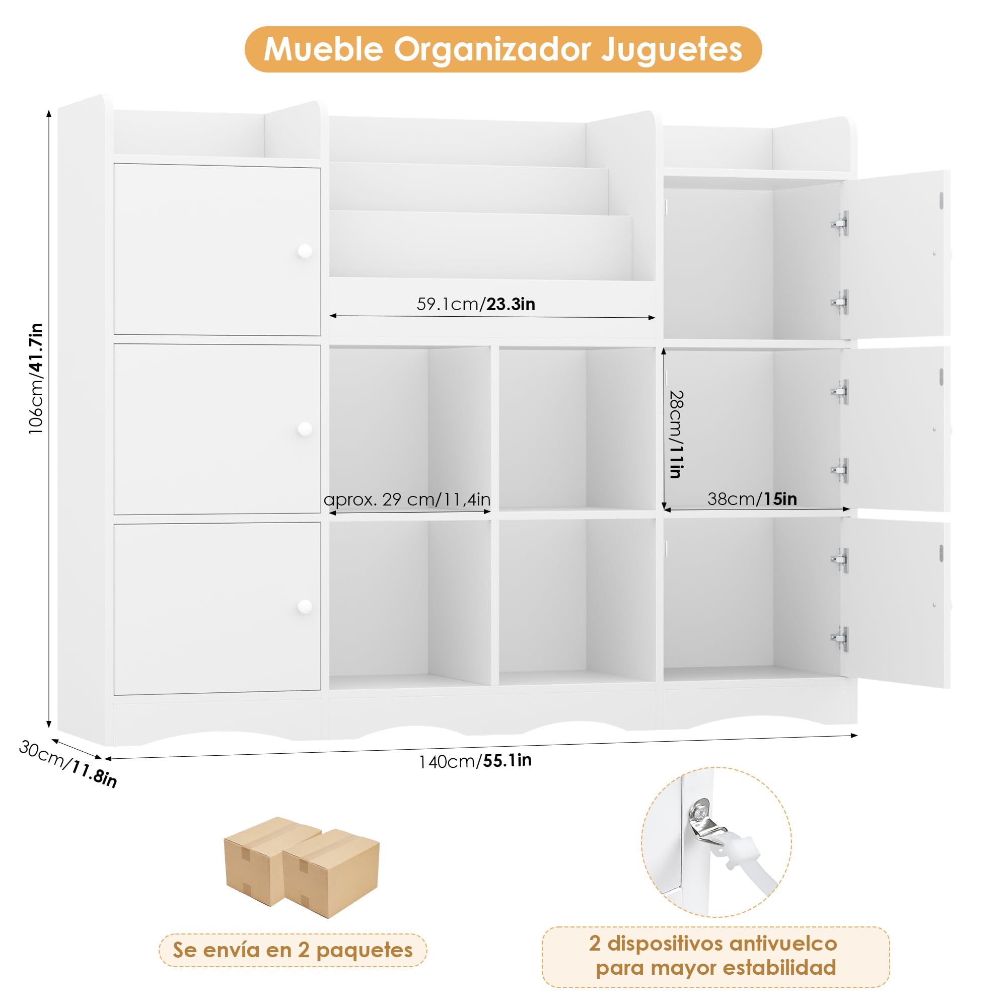FOREHILL Organizador Juguetes, 6 Armarios con Puertas, Blanco | Estanteria Infantil, 6 Armarios con Puertas, 4 Estantes Abiertos para Dormitorios Guardería, 140x30x106cm