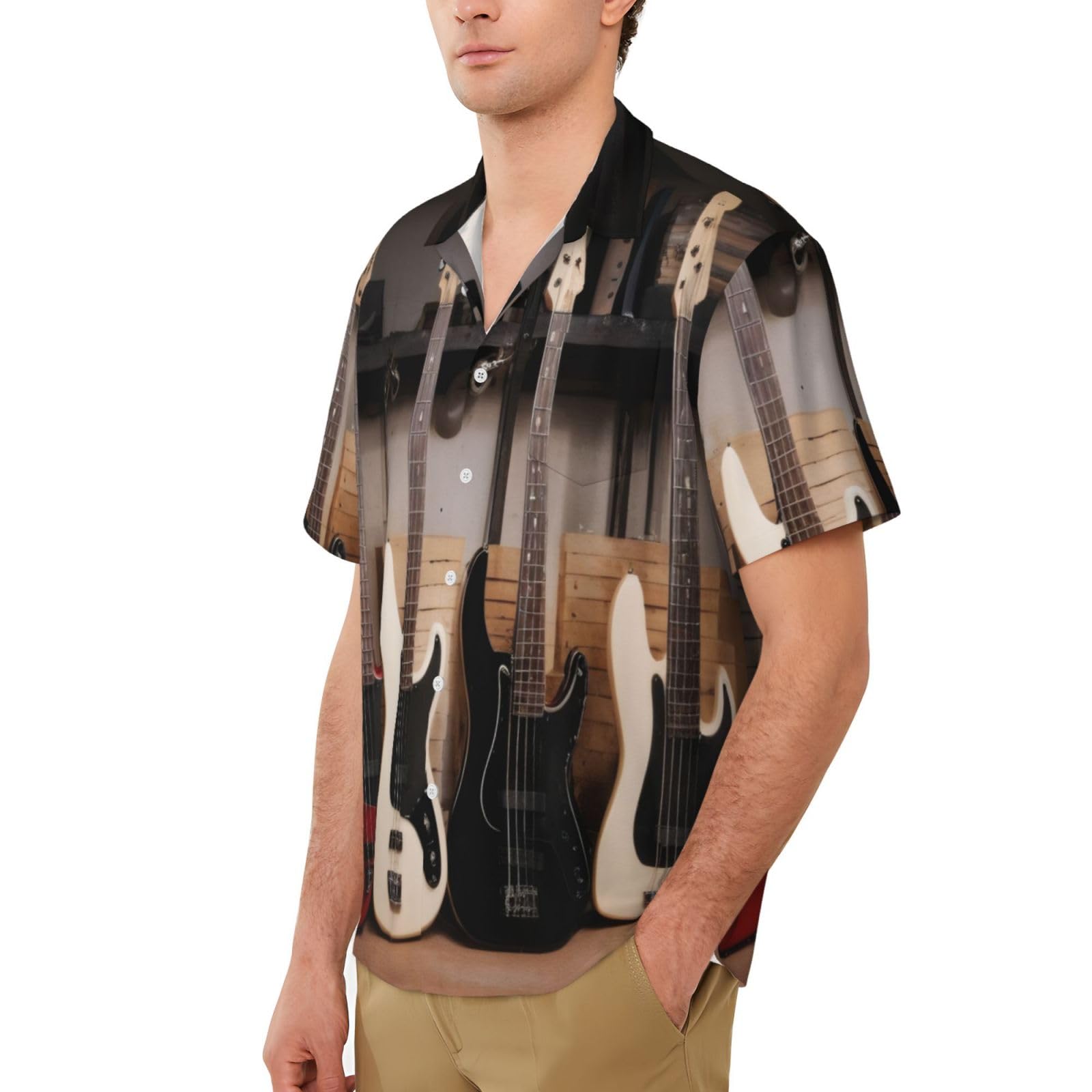 Chemise décontractée à manches courtes pour homme - Guitare basse - Instruments de musique - Chemise d'été boutonnée de plage avec poche | Chemises hawaïennes pour homme