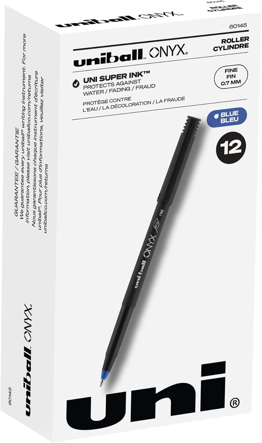 uni-ball Onyx - Bolígrafos de punta fina, 0.028 in, barril negro, tinta azul, paquete de 12 unidades
