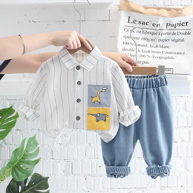 Image of Bold N Elegant Boys Cotton Muslin Shirt with Jeans Casual Outfit for Kids | Soft Stripe Shirt with Denim Pant Party Dress for Boys
